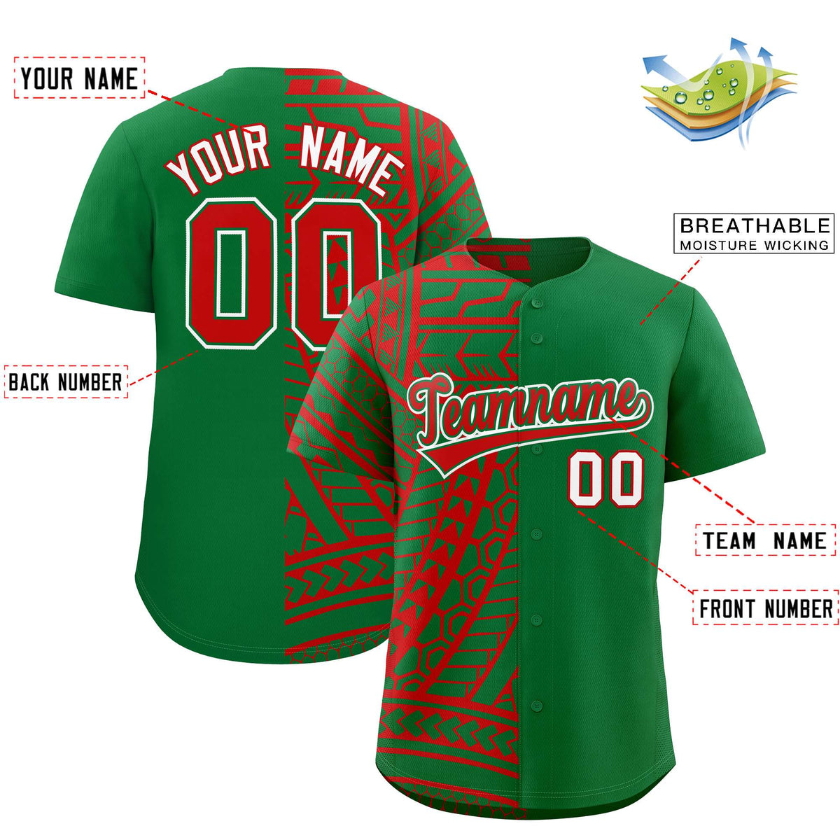 Custom Red Kelly Green Split Fashion Tribal Pattern Authentic Baseball Jersey