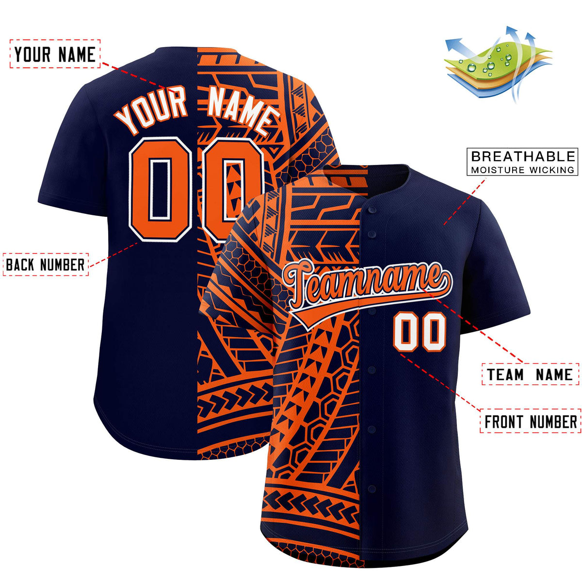Custom Navy Orange Split Fashion Tribal Pattern Authentic Baseball Jersey