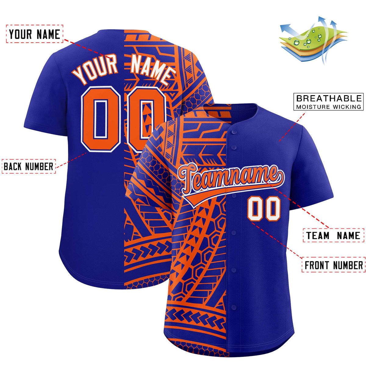 Custom Royal Orange Split Fashion Tribal Pattern Authentic Baseball Jersey
