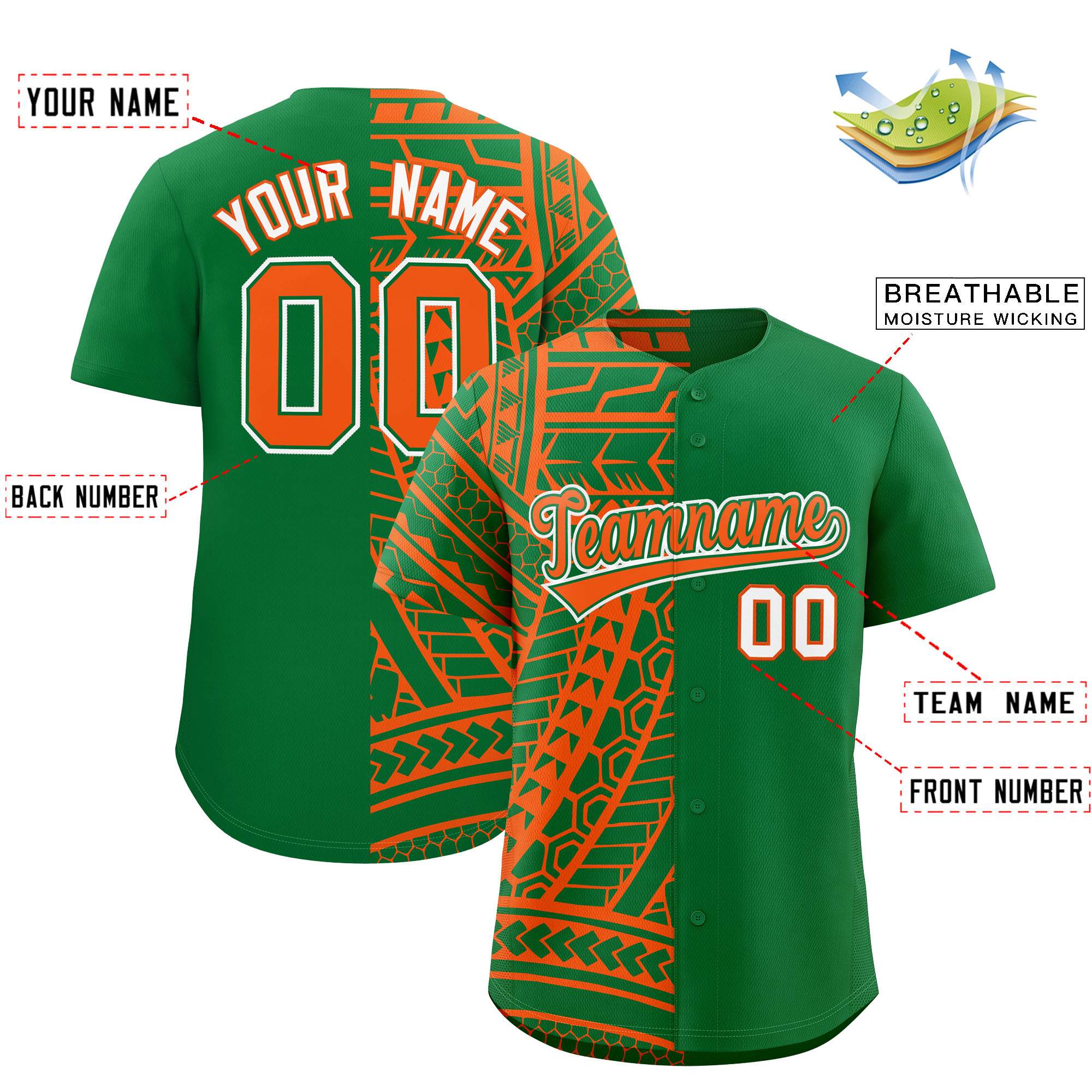 Custom Kelly Green Orange Split Fashion Tribal Pattern Authentic Baseball Jersey