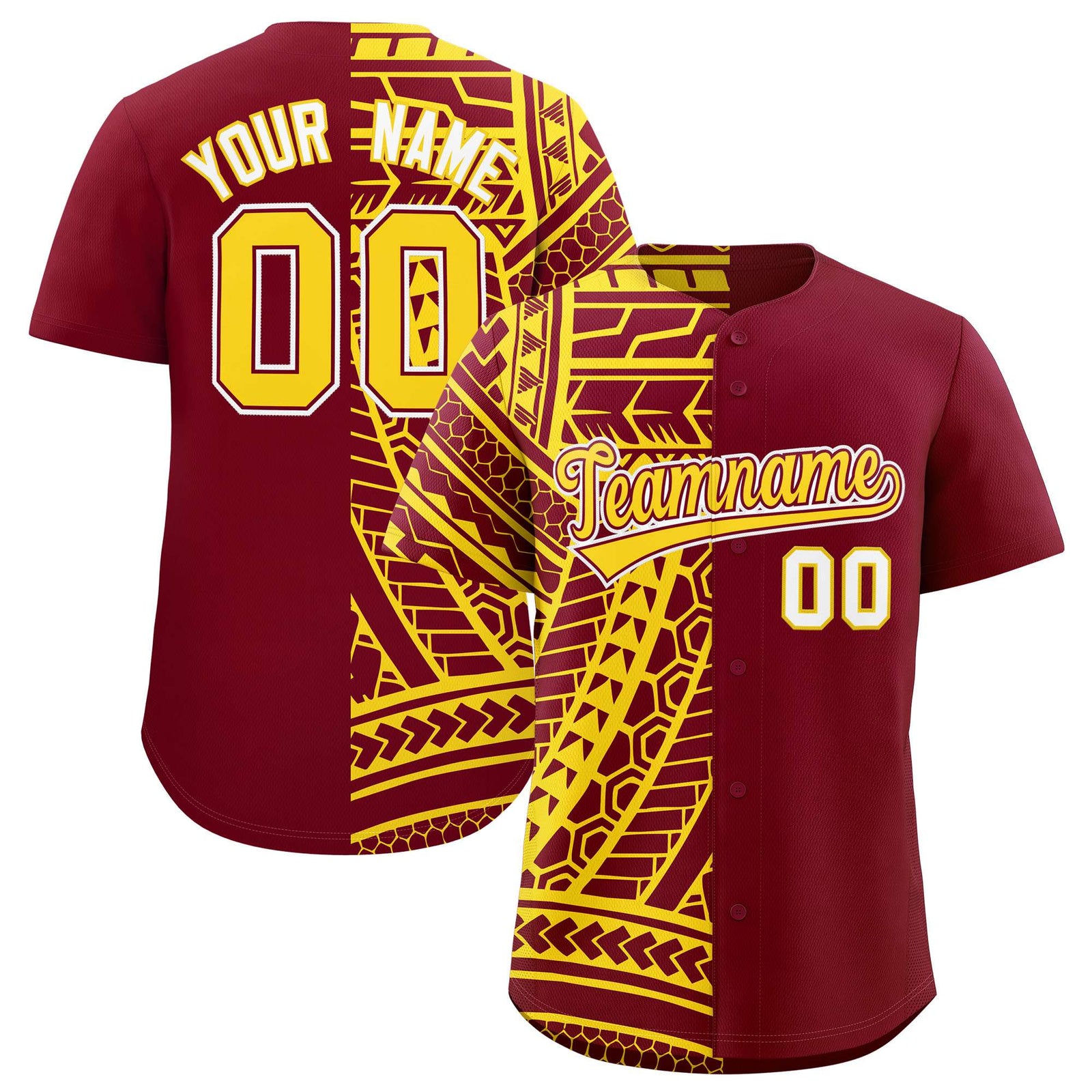 Custom Crimson Gold Split Fashion Tribal Pattern Authentic Baseball Jersey