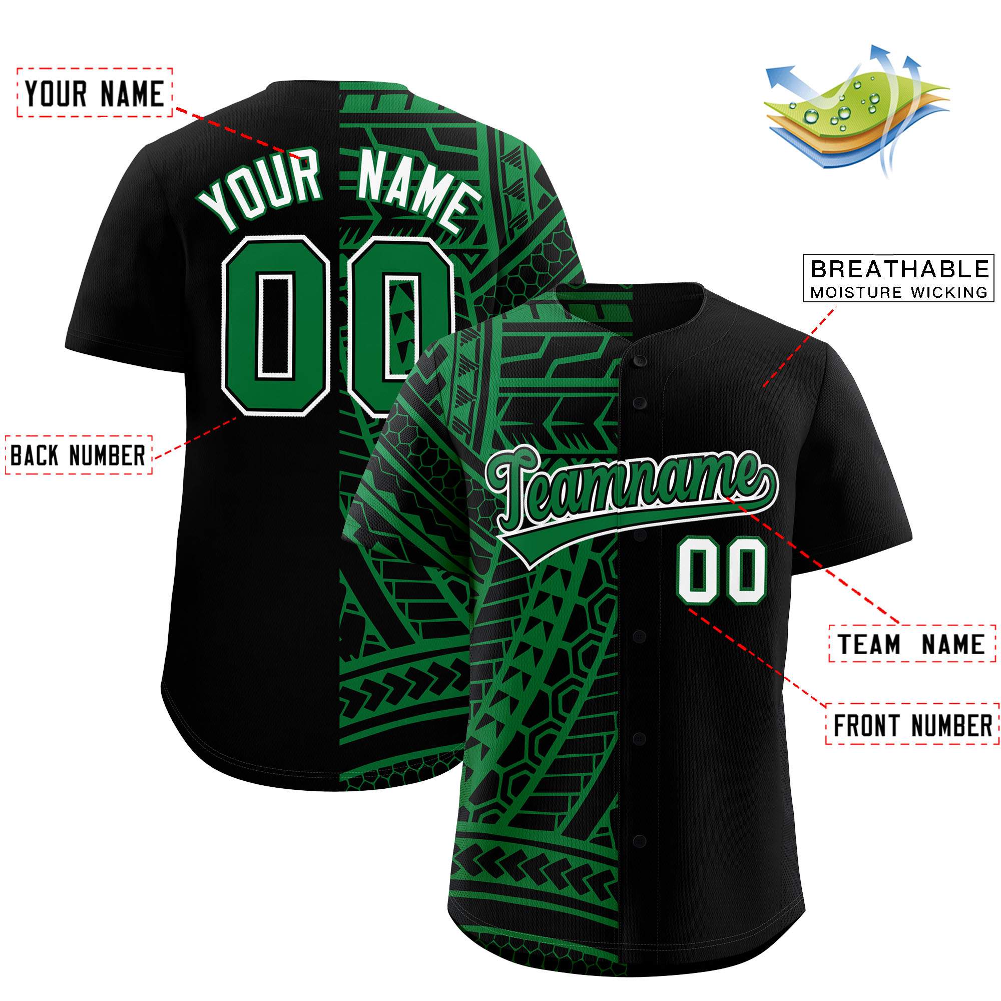 Custom Black Kelly Green Split Fashion Tribal Pattern Authentic Baseball Jersey