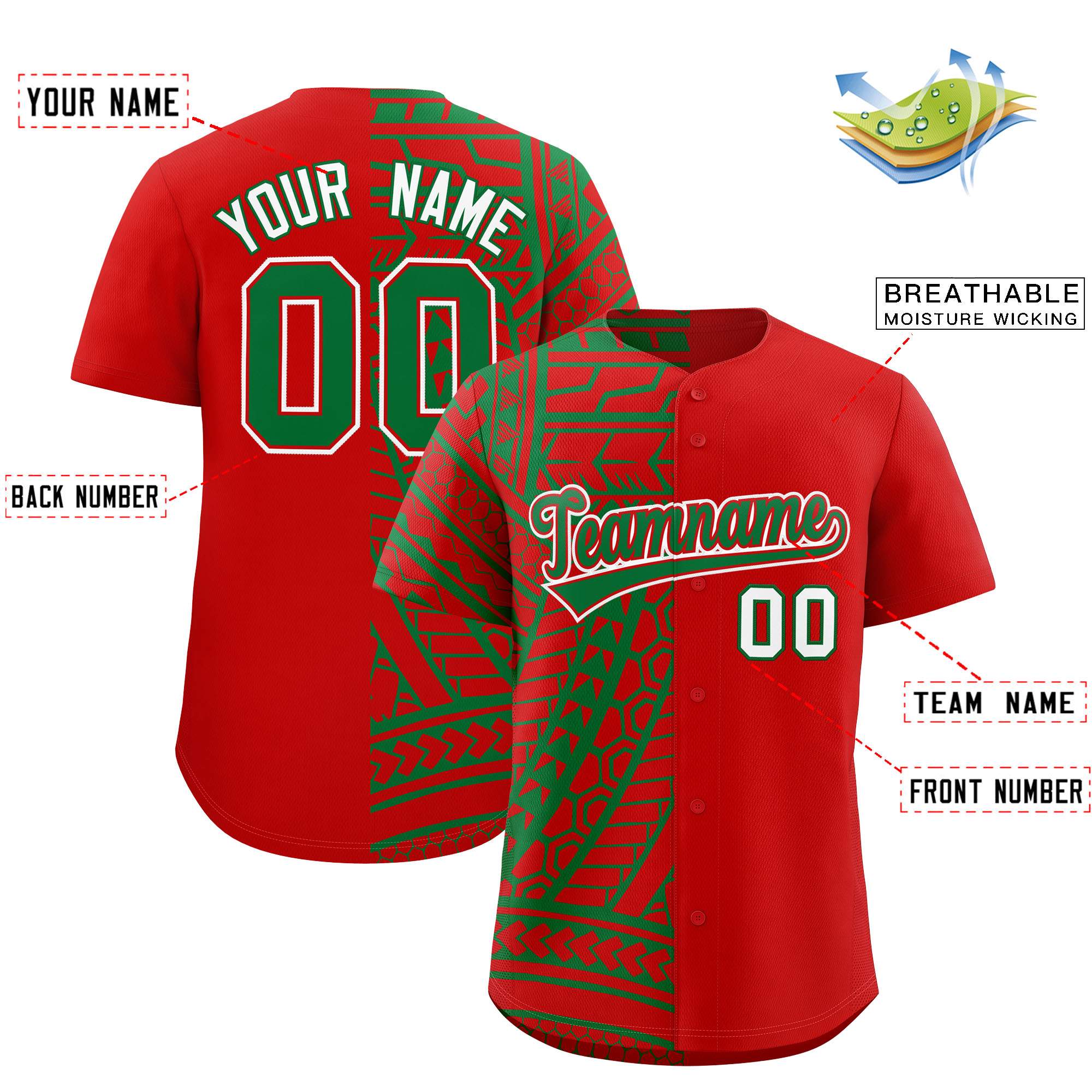 Custom Red Kelly Green Split Fashion Tribal Pattern Authentic Baseball Jersey
