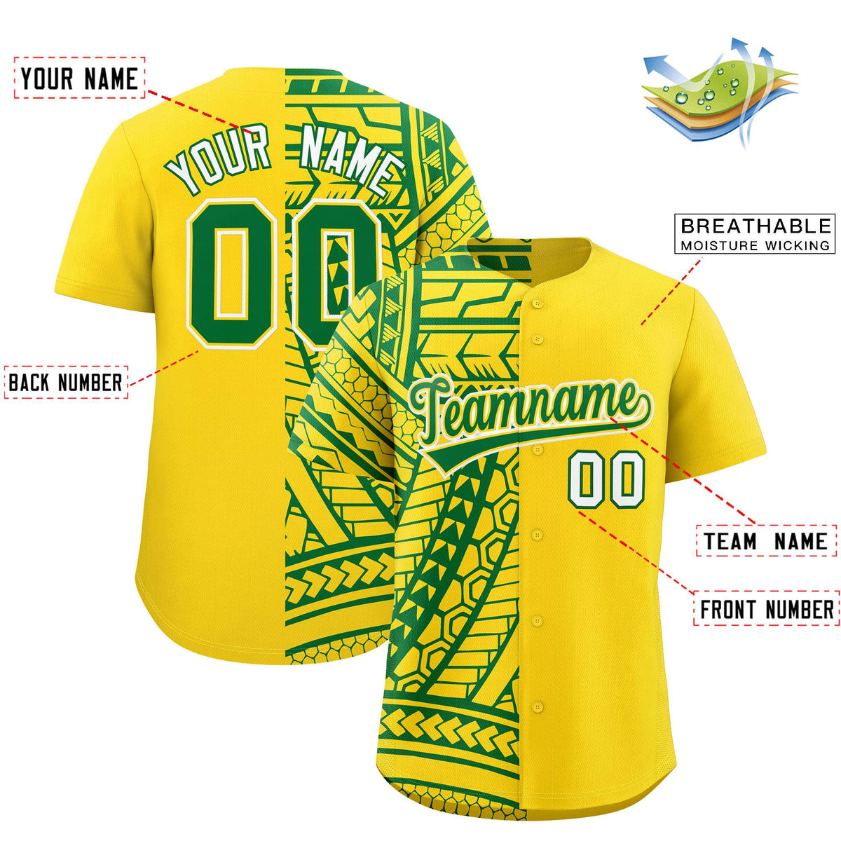 Custom Gold Kelly Green Split Fashion Tribal Pattern Authentic Baseball Jersey