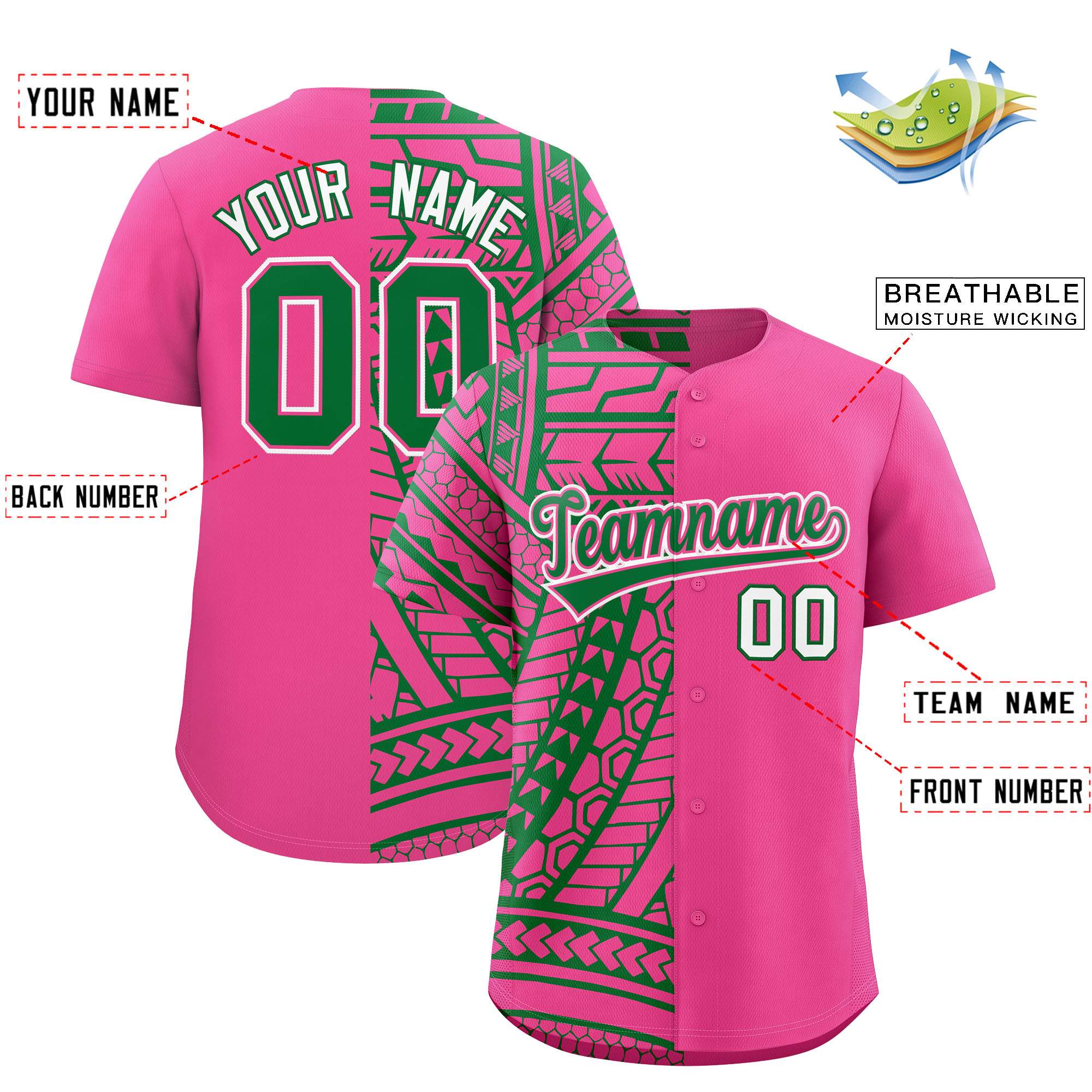 Custom Pink Kelly Green Split Fashion Tribal Pattern Authentic Baseball Jersey