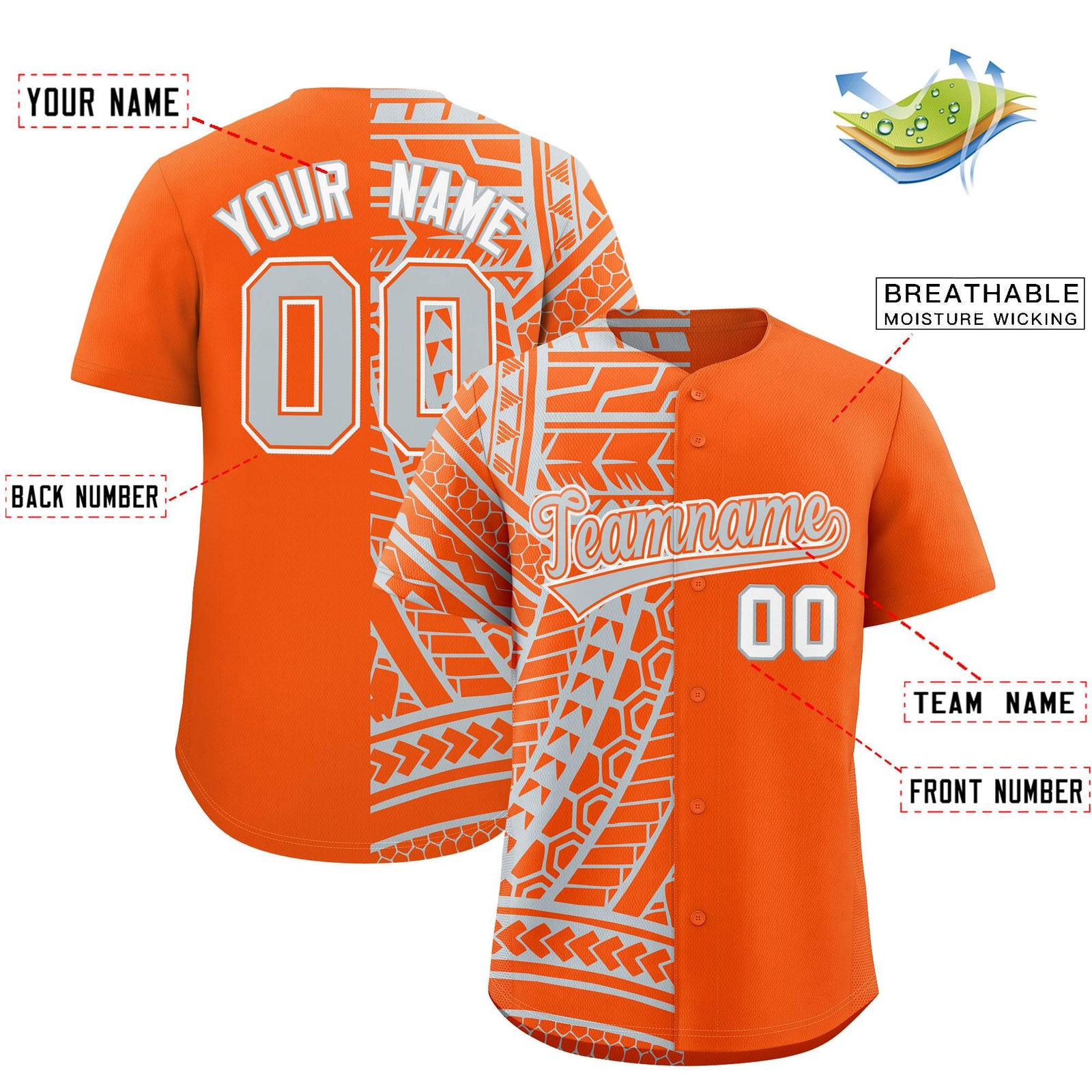 Custom Orange Silver Split Fashion Tribal Pattern Authentic Baseball Jersey