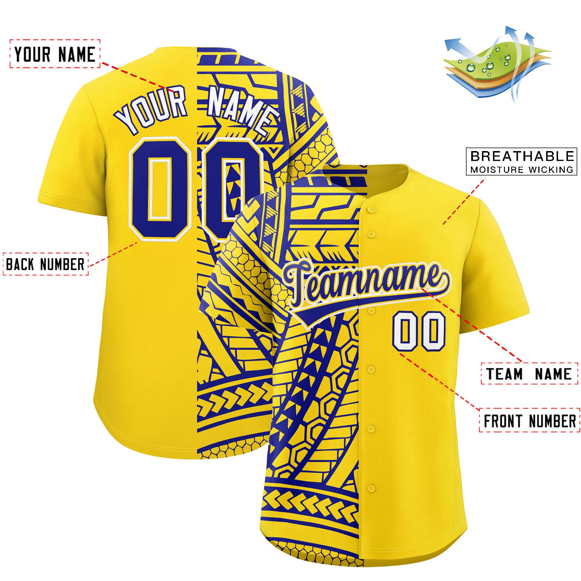 Custom Gold Royal Split Fashion Tribal Pattern Authentic Baseball Jersey