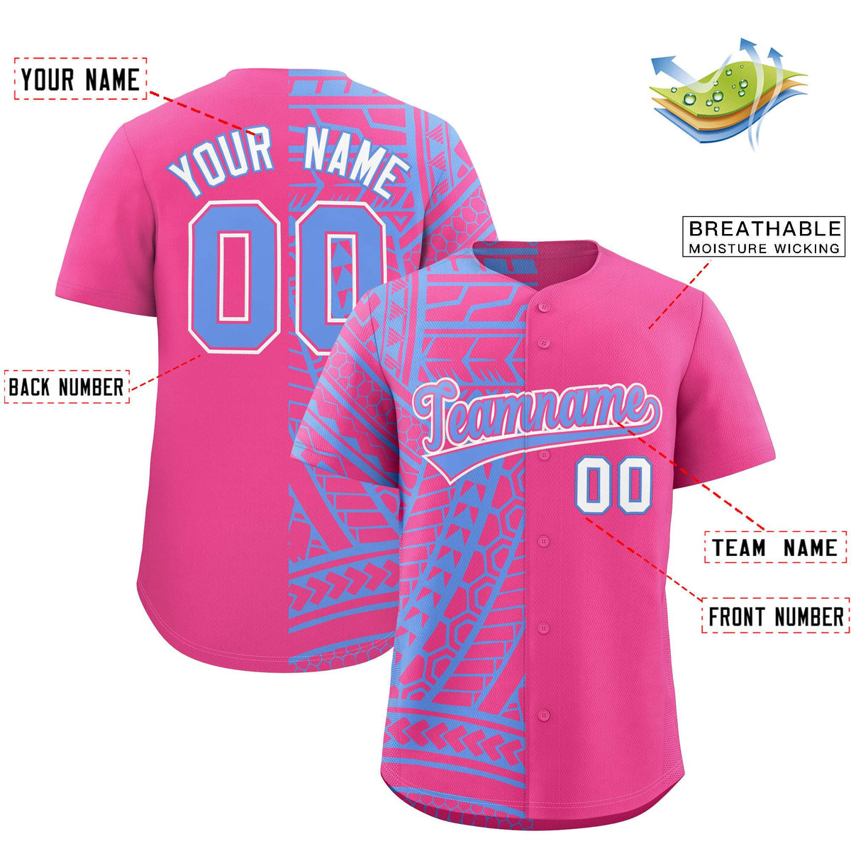 Custom Pink Light Blue Split Fashion Tribal Pattern Authentic Baseball Jersey