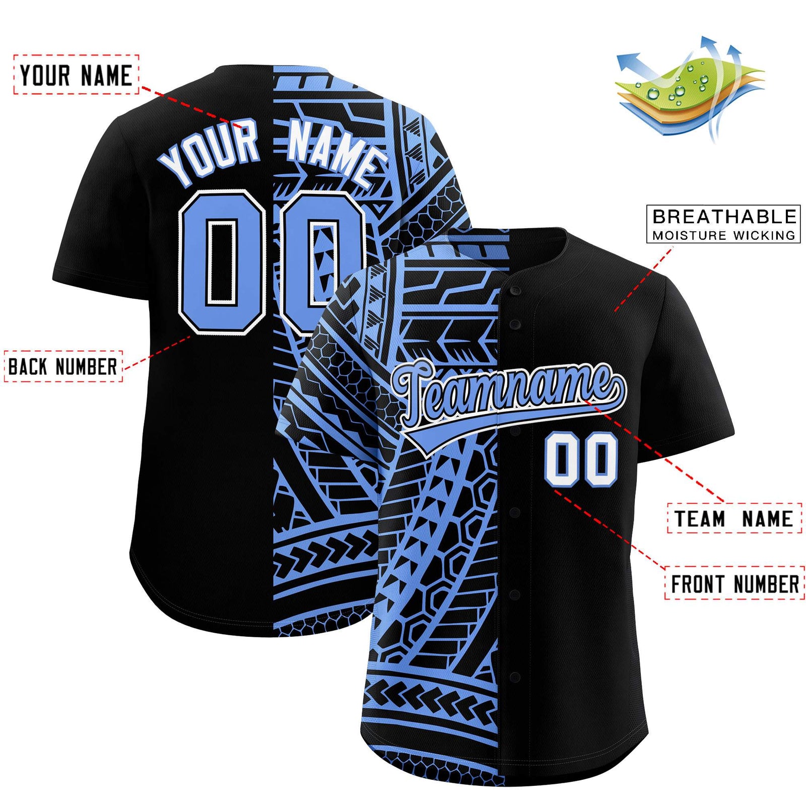 Custom Black Light Blue Split Fashion Tribal Pattern Authentic Baseball Jersey