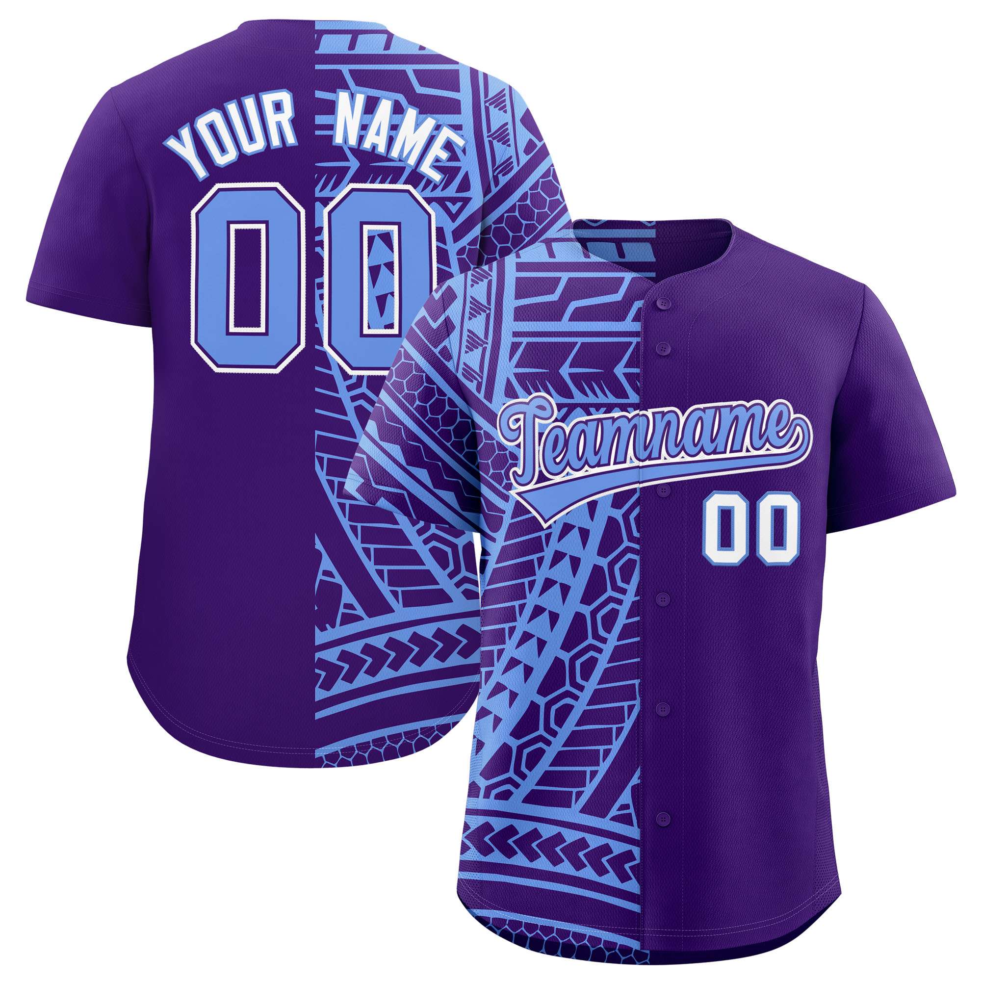 Custom Light Blue Purple Split Fashion Tribal Pattern Authentic Baseball Jersey