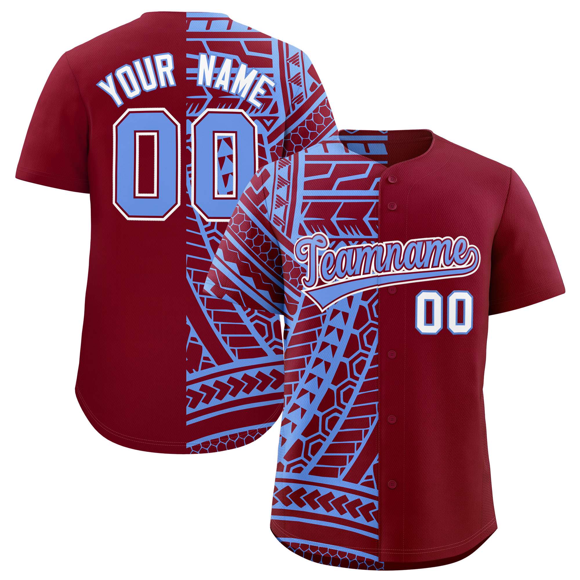 Custom Crimson Light Blue Split Fashion Tribal Pattern Authentic Baseball Jersey