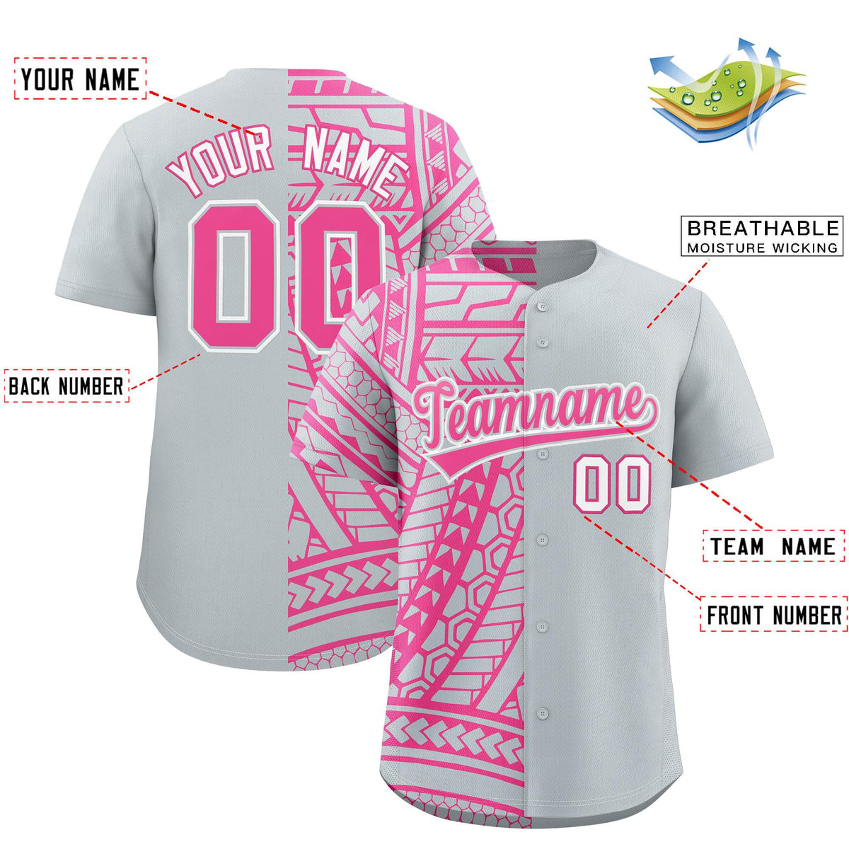Custom Silver Pink Split Fashion Tribal Pattern Authentic Baseball Jersey