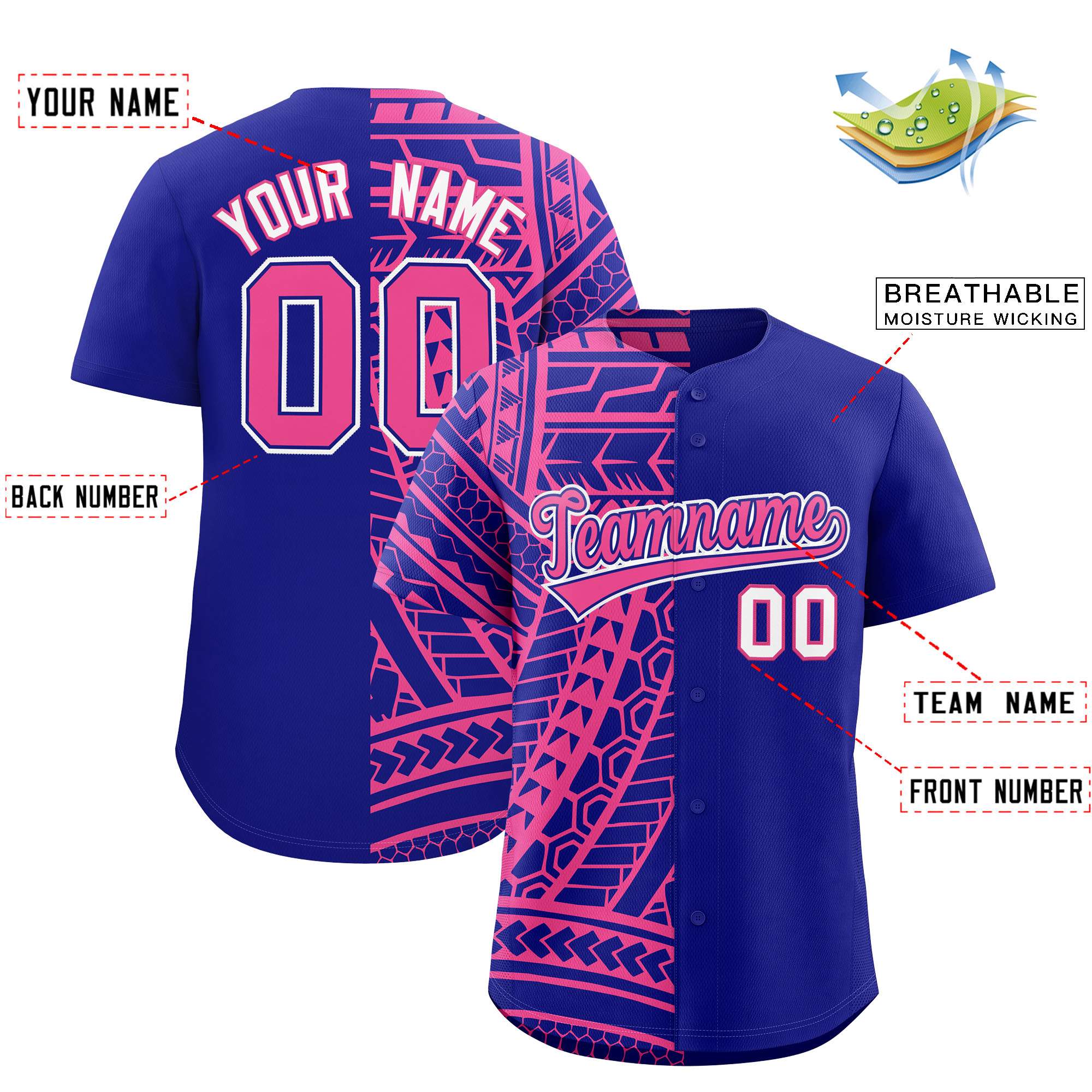 Custom Royal Pink Split Fashion Tribal Pattern Authentic Baseball Jersey