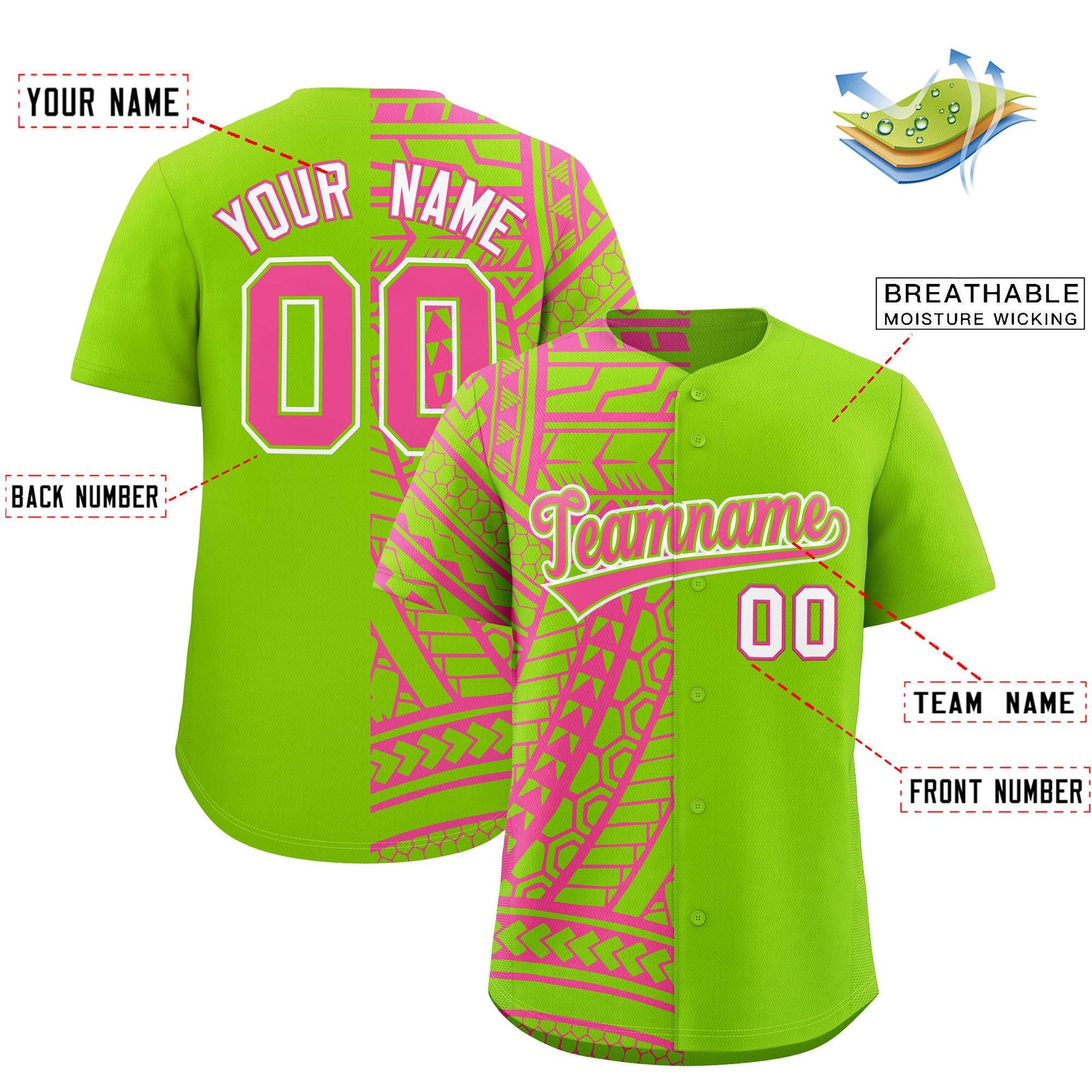 Custom Neon Green Pink Split Fashion Tribal Pattern Authentic Baseball Jersey