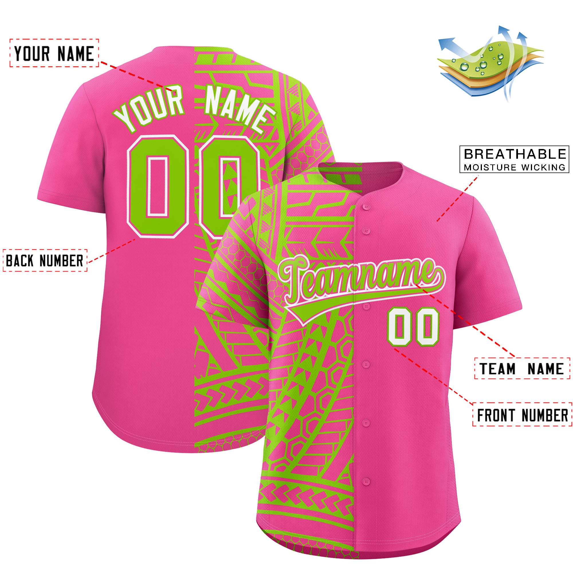 Custom Pink Neon Green Split Fashion Tribal Pattern Authentic Baseball Jersey