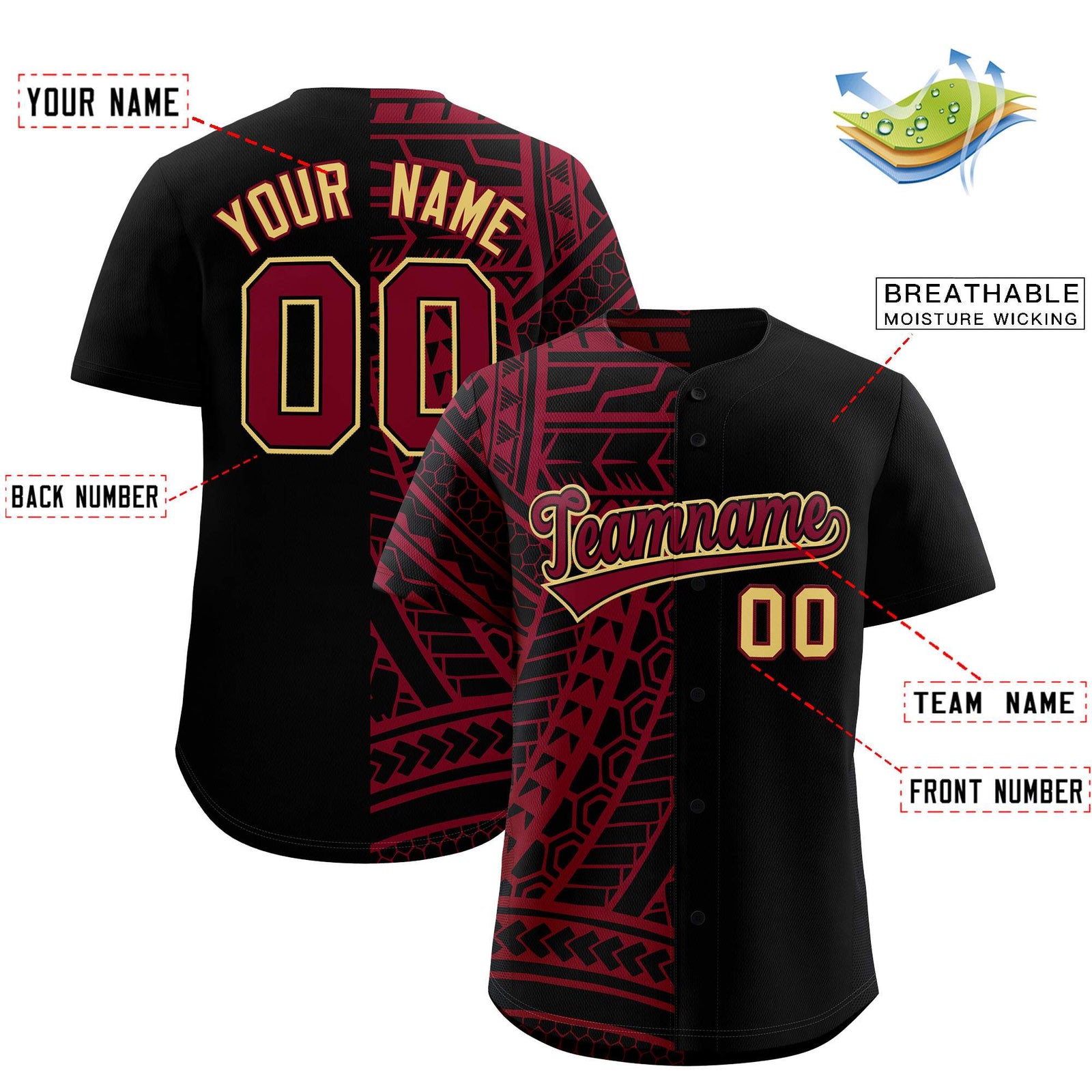 Custom Black Crimson Split Fashion Tribal Pattern Authentic Baseball Jersey