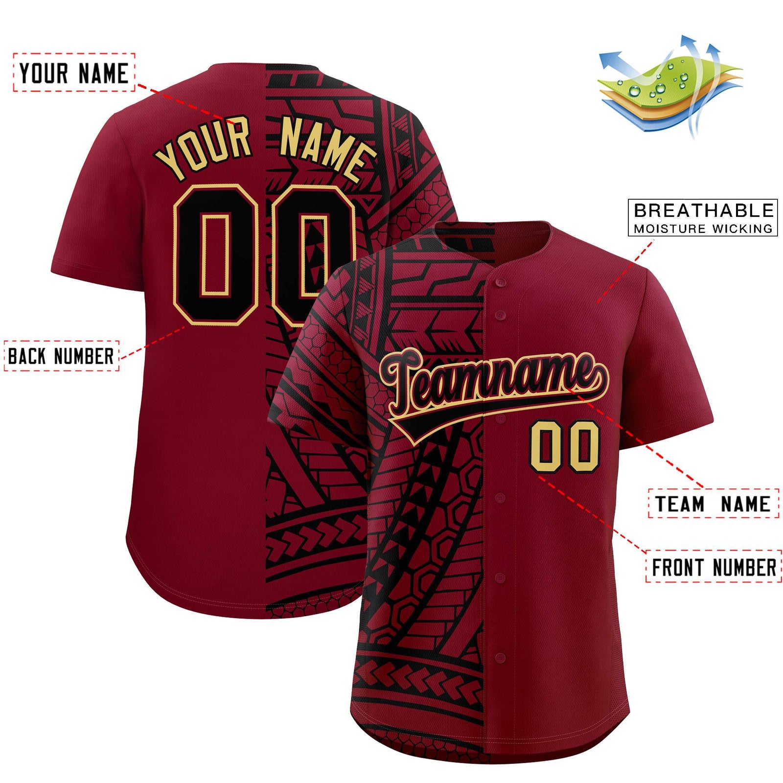 Custom Crimson Black Split Fashion Tribal Pattern Authentic Baseball Jersey
