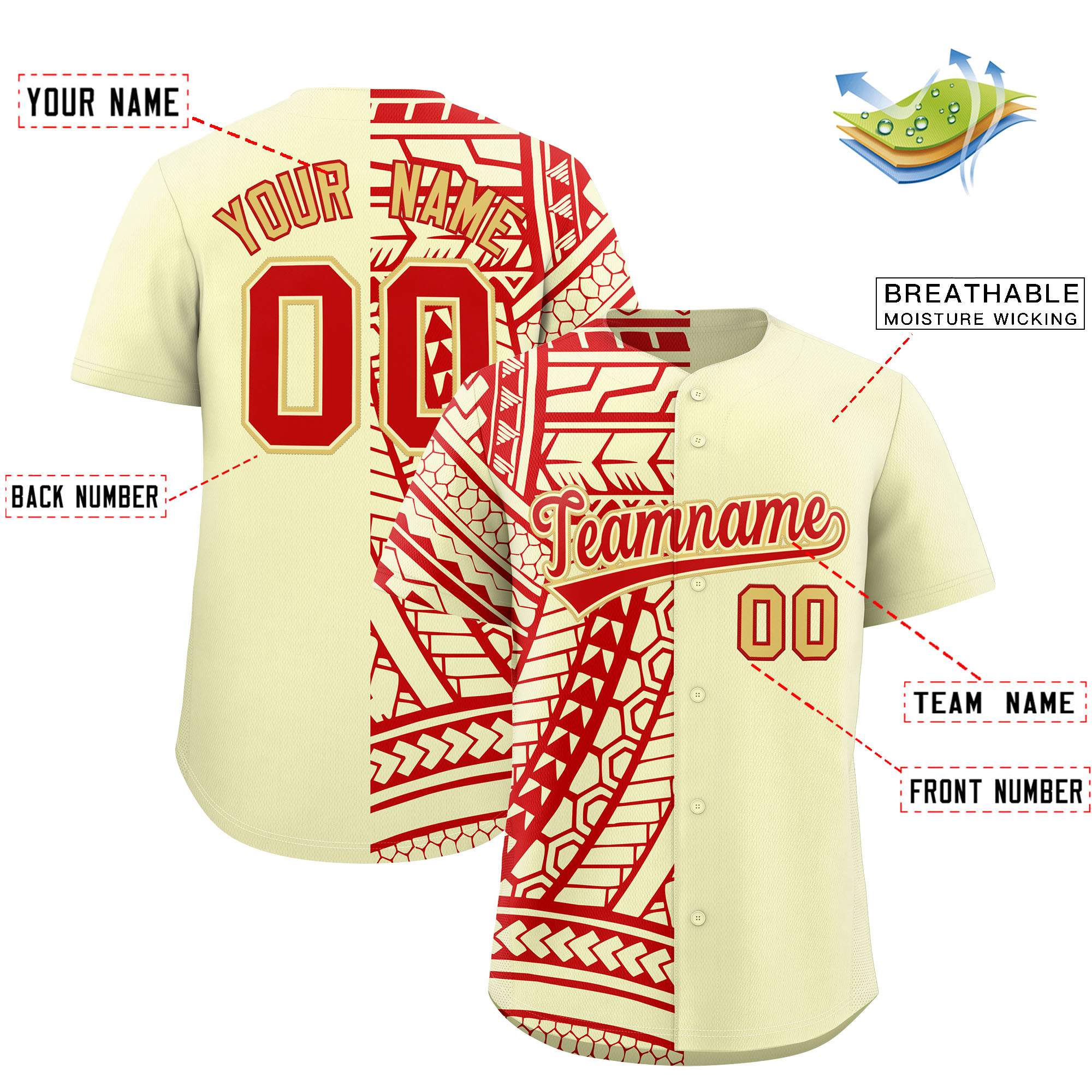 Custom Cream Red Split Fashion Tribal Pattern Authentic Baseball Jersey