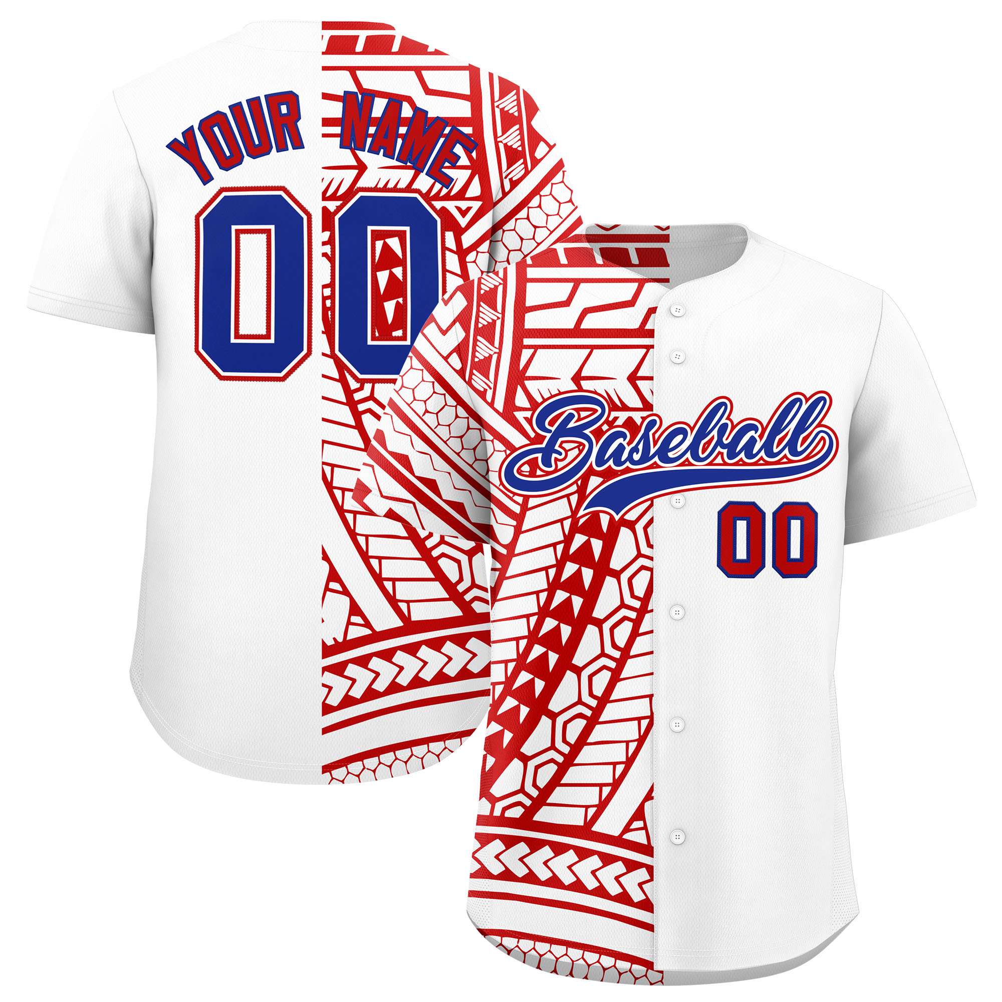Custom White Red Split Fashion Tribal Pattern Authentic Baseball Jersey