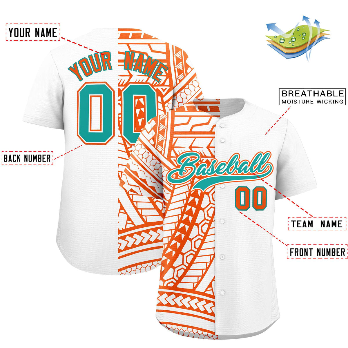 Custom White Orange Split Fashion Tribal Pattern Authentic Baseball Jersey