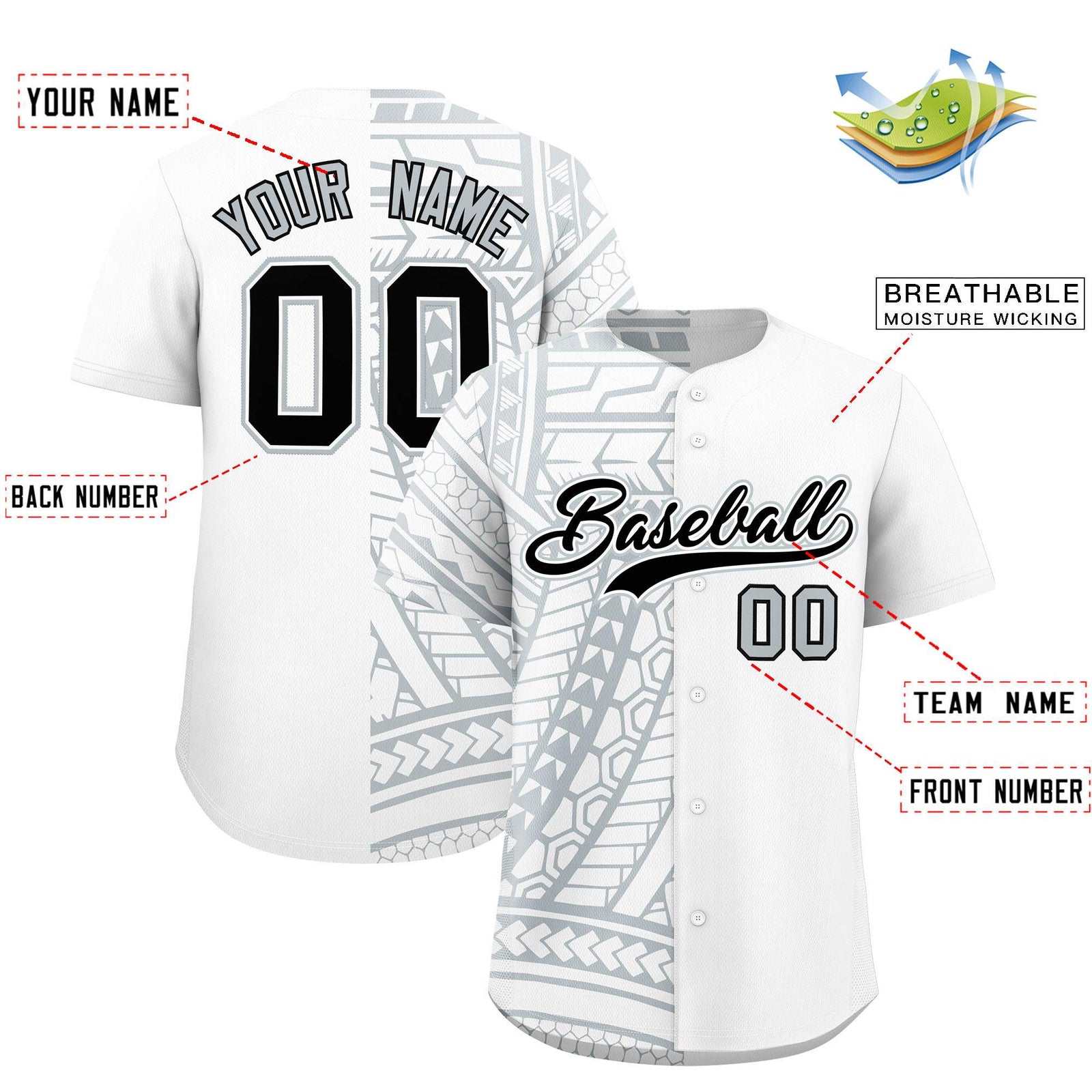 Custom White Silver Split Fashion Tribal Pattern Authentic Baseball Jersey