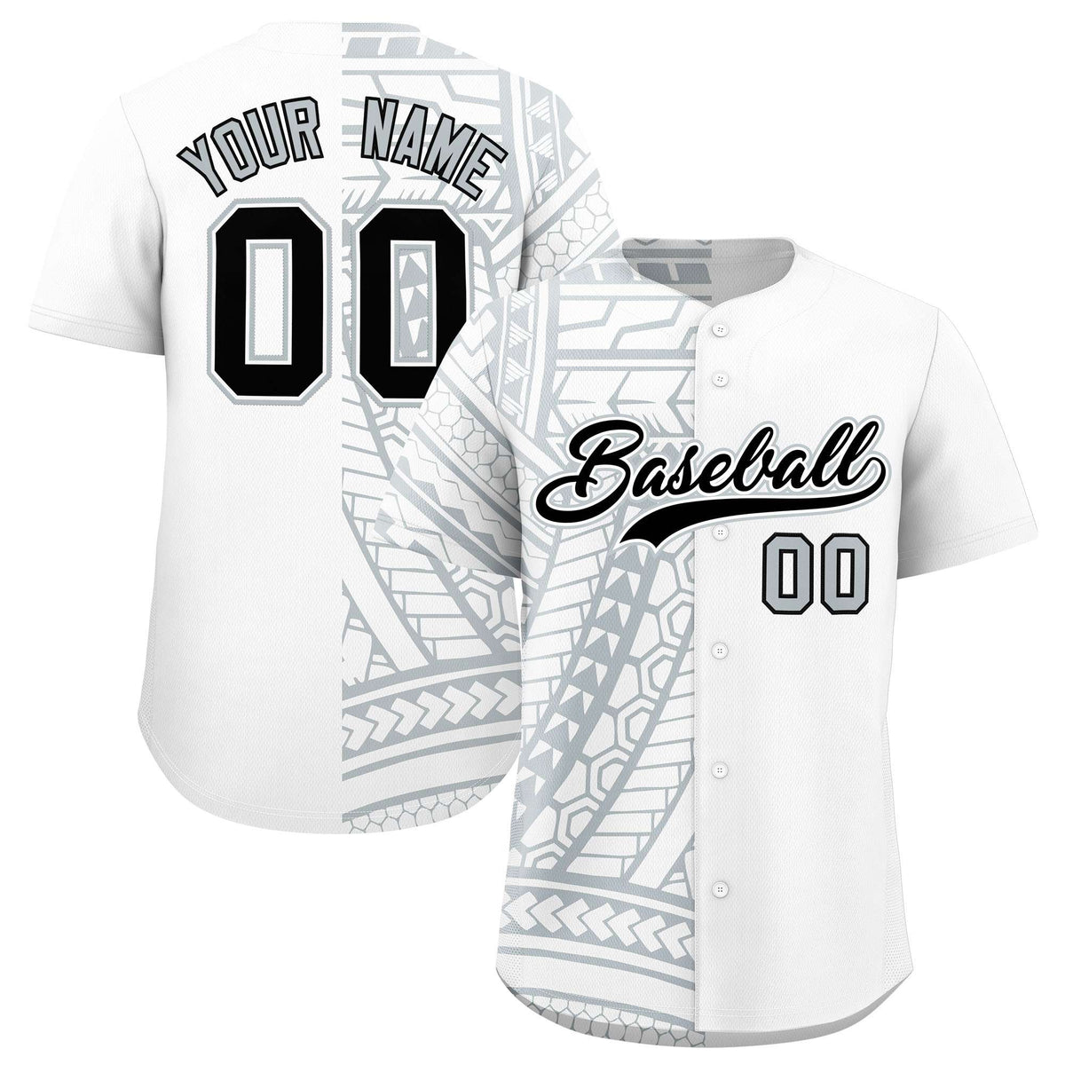 Custom White Silver Split Fashion Tribal Pattern Authentic Baseball Jersey