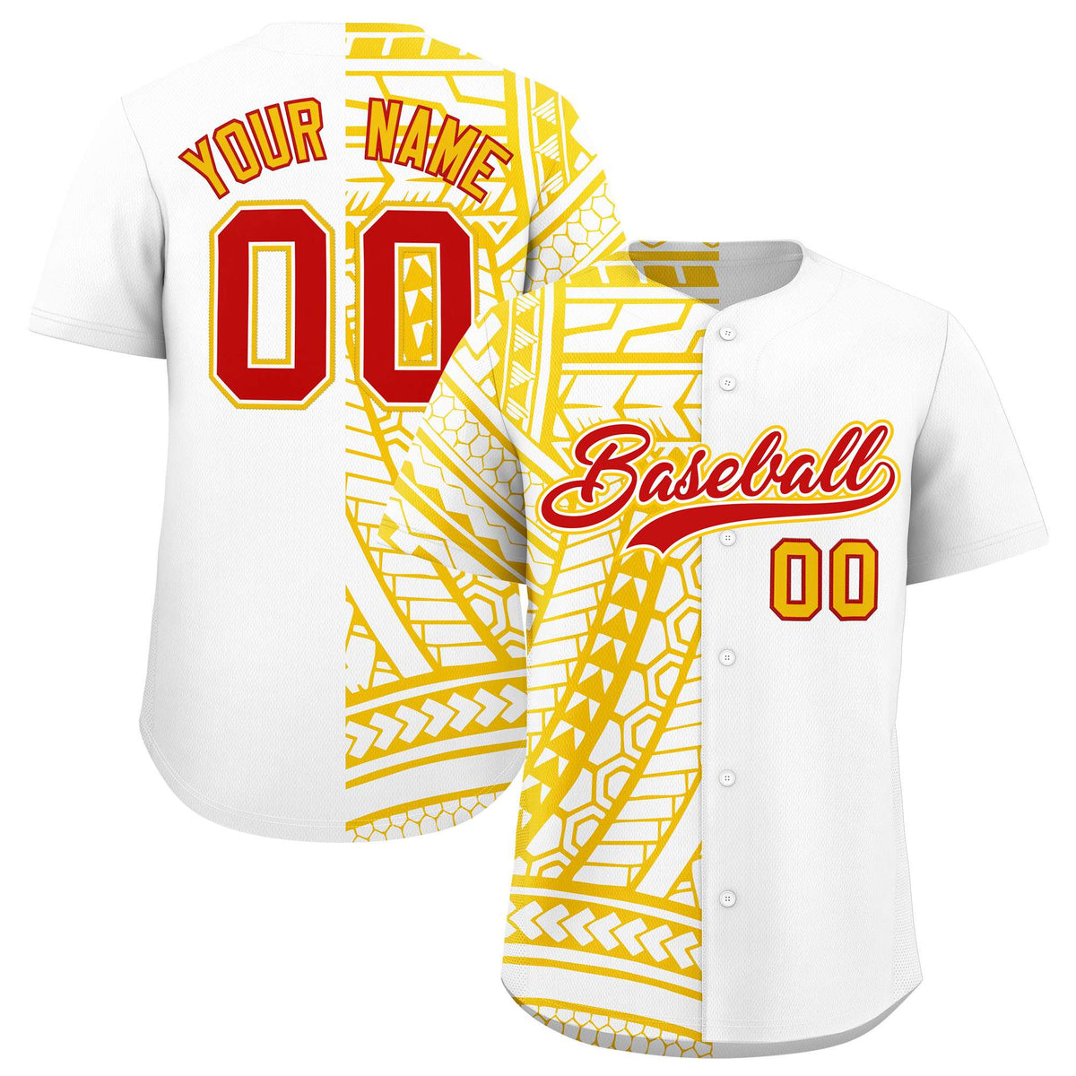 Custom White Yellow Split Fashion Tribal Pattern Authentic Baseball Jersey
