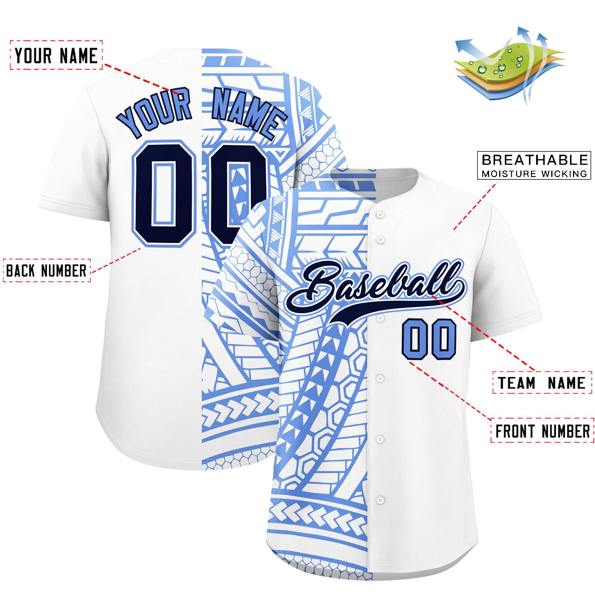 Custom Light Blue Navy Split Fashion Tribal Pattern Authentic Baseball Jersey