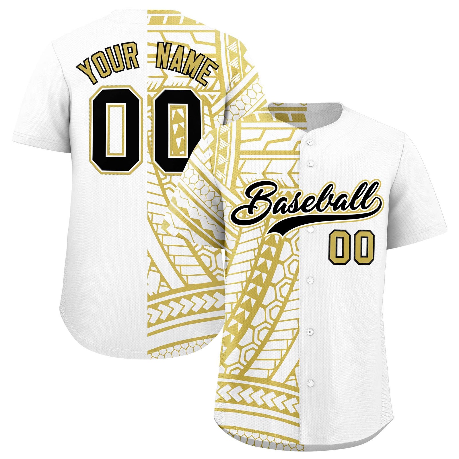Custom White Old Gold Split Fashion Tribal Pattern Authentic Baseball Jersey