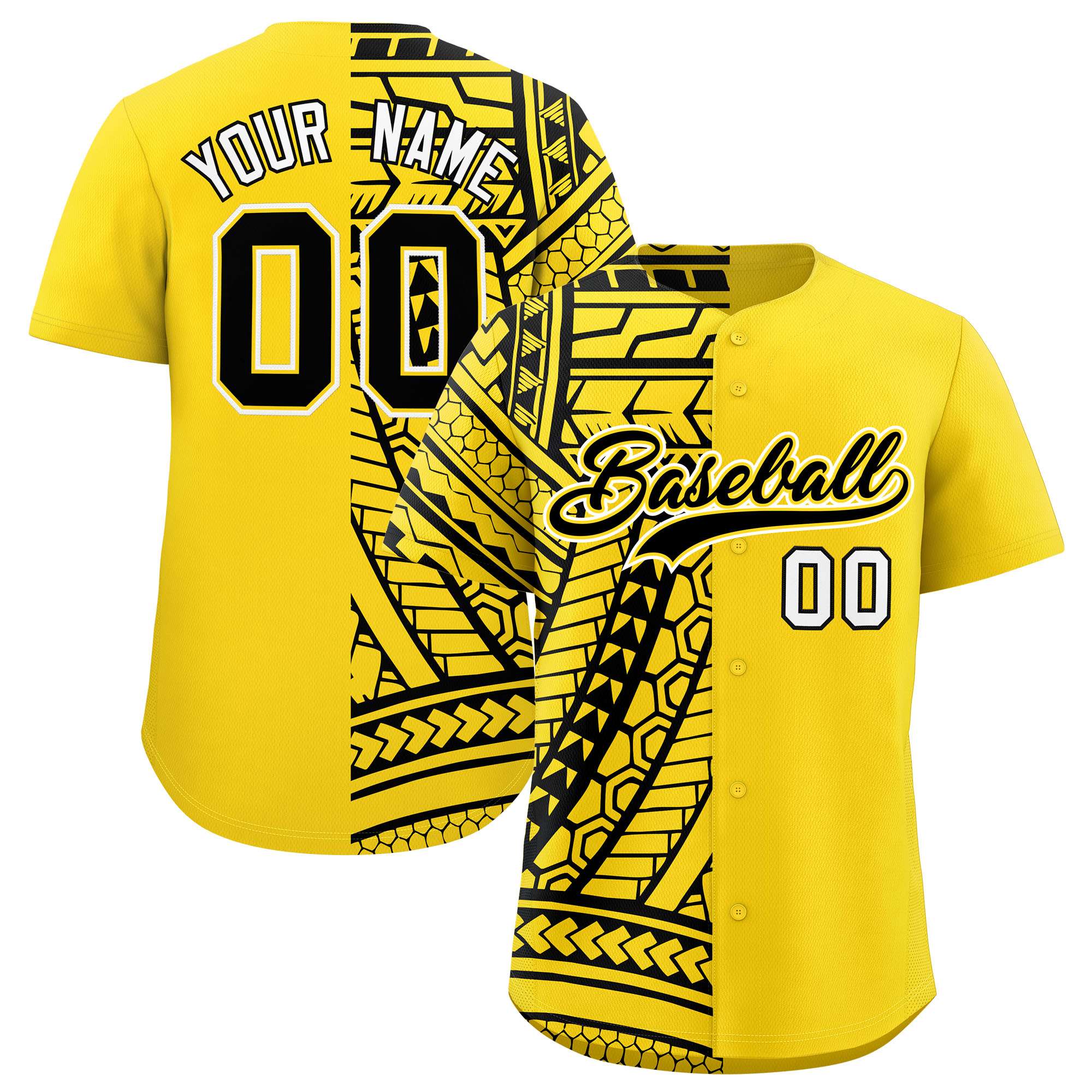 Custom Gold Black Split Fashion Tribal Pattern Authentic Baseball Jersey
