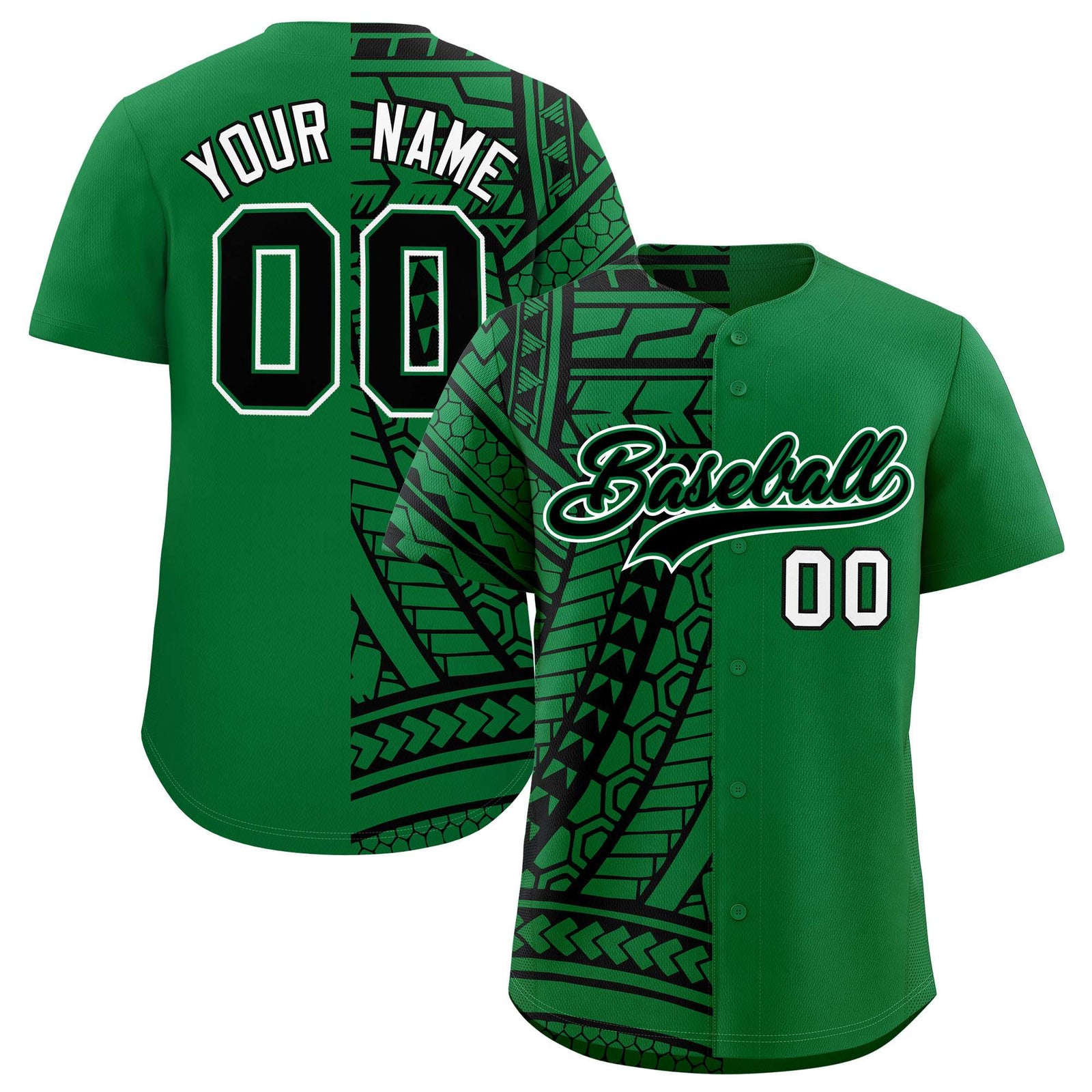 Custom Kelly Green Black Split Fashion Tribal Pattern Authentic Baseball Jersey
