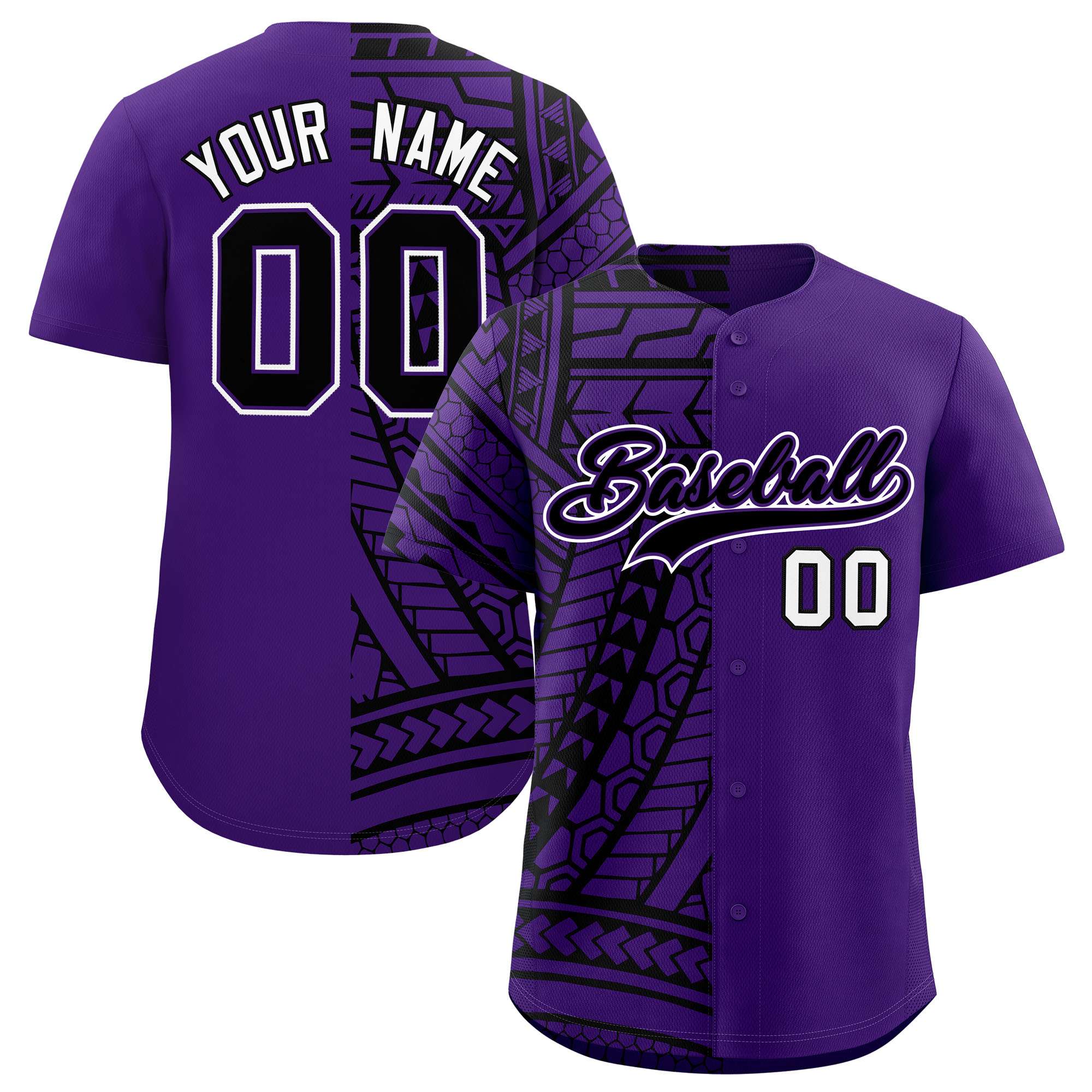 Custom Black Purple Split Fashion Tribal Pattern Authentic Baseball Jersey