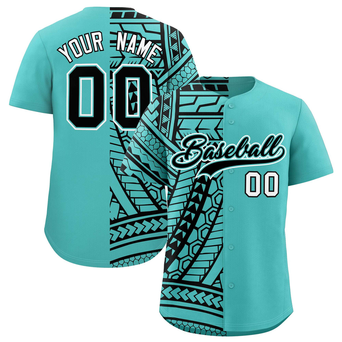 Custom Aqua Black Split Fashion Tribal Pattern Authentic Baseball Jersey