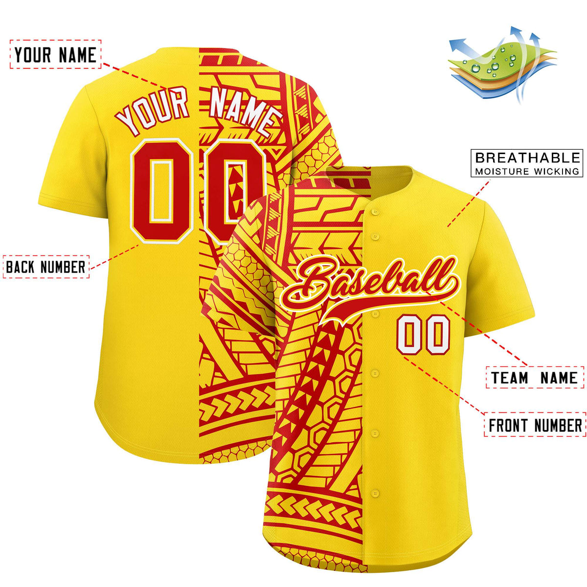 Custom Red Gold Split Fashion Tribal Pattern Authentic Baseball Jersey