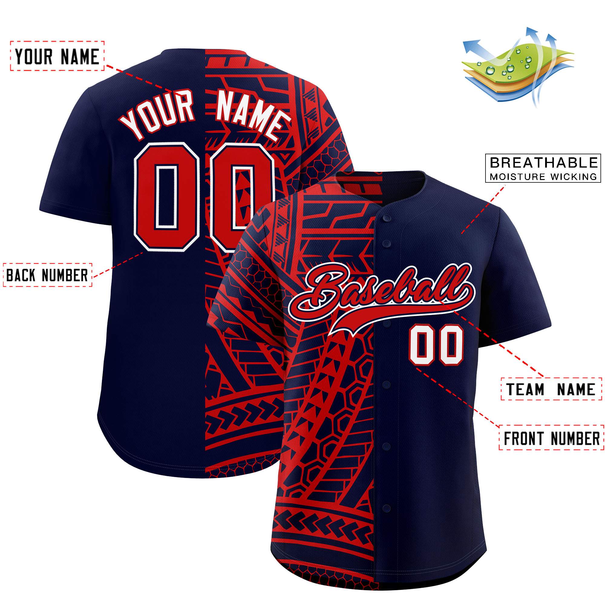 Custom Red Navy Split Fashion Tribal Pattern Authentic Baseball Jersey