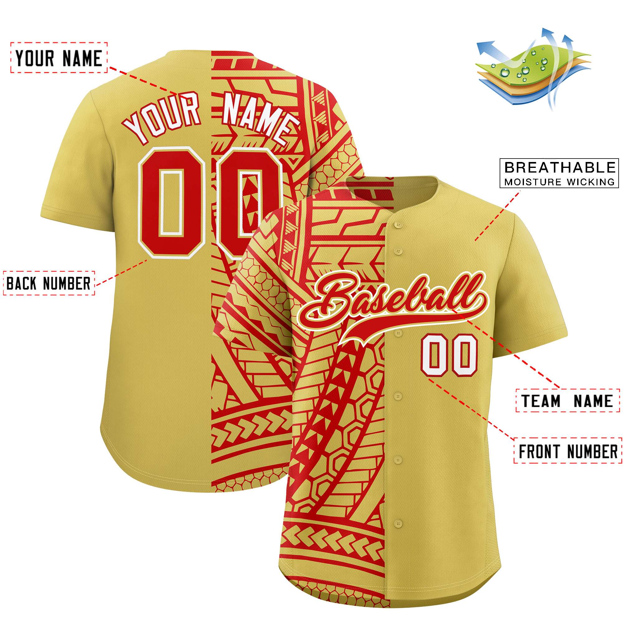 Custom Red Old Gold Split Fashion Tribal Pattern Authentic Baseball Jersey