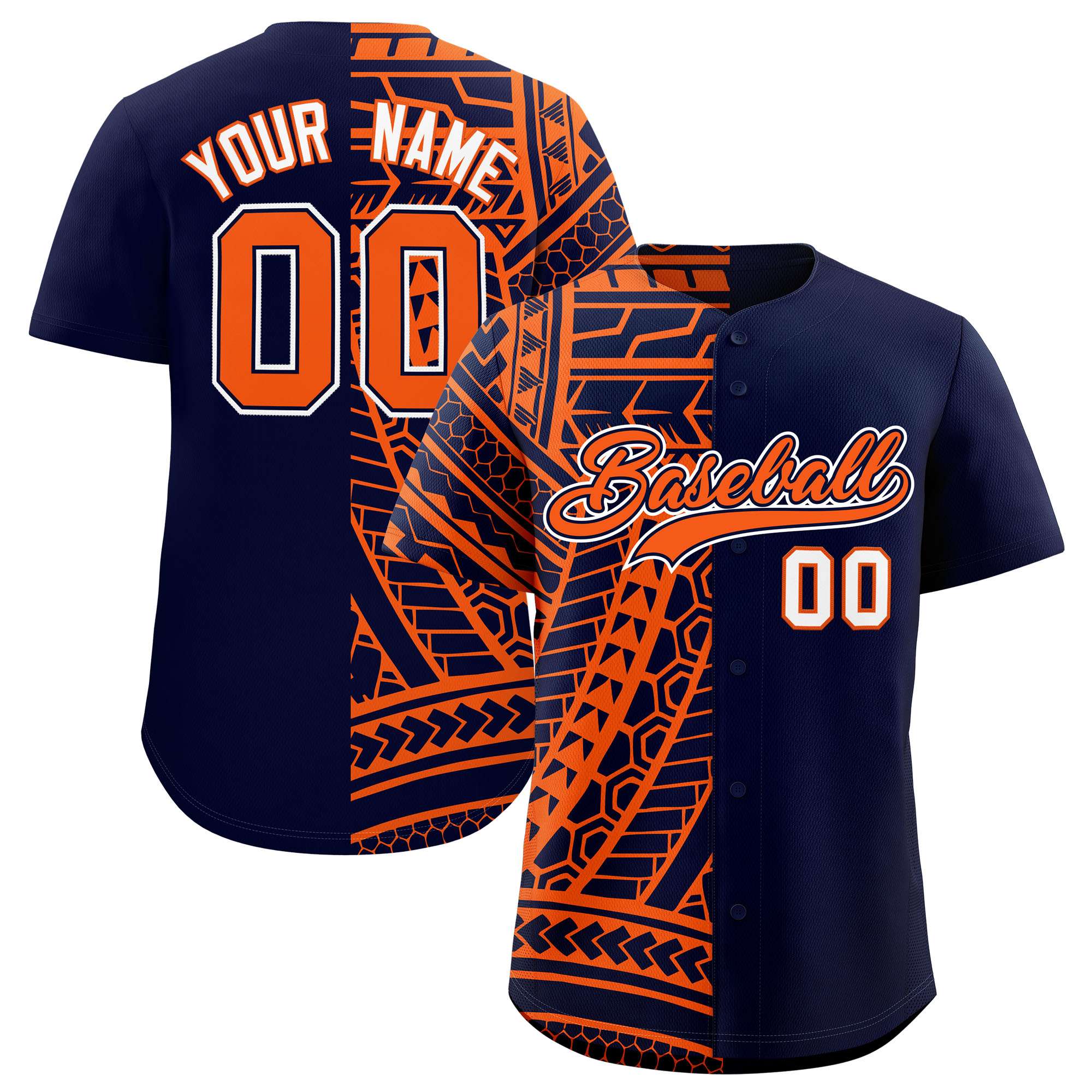 Custom Navy Orange Split Fashion Tribal Pattern Authentic Baseball Jersey