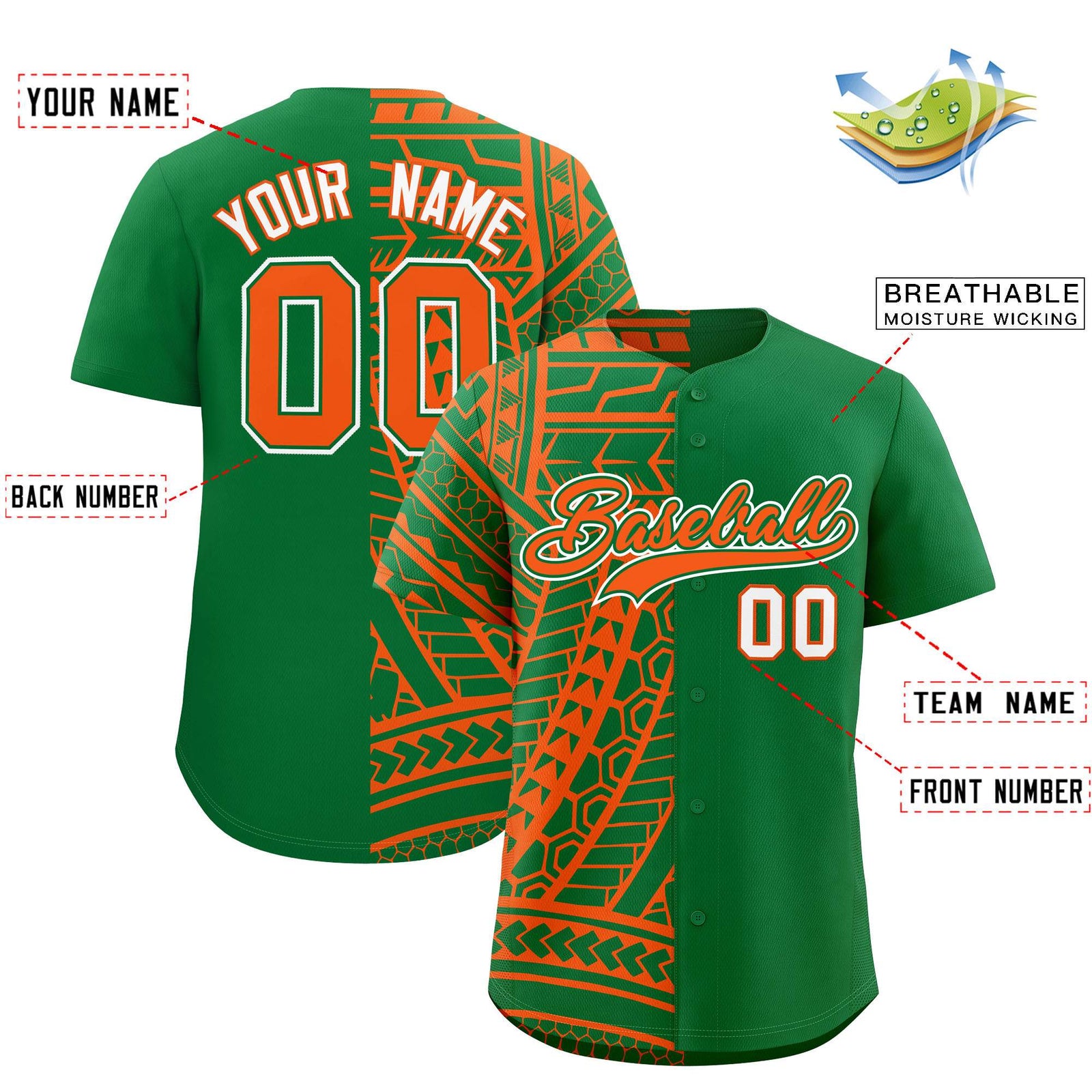 Custom Kelly Green Orange Split Fashion Tribal Pattern Authentic Baseball Jersey