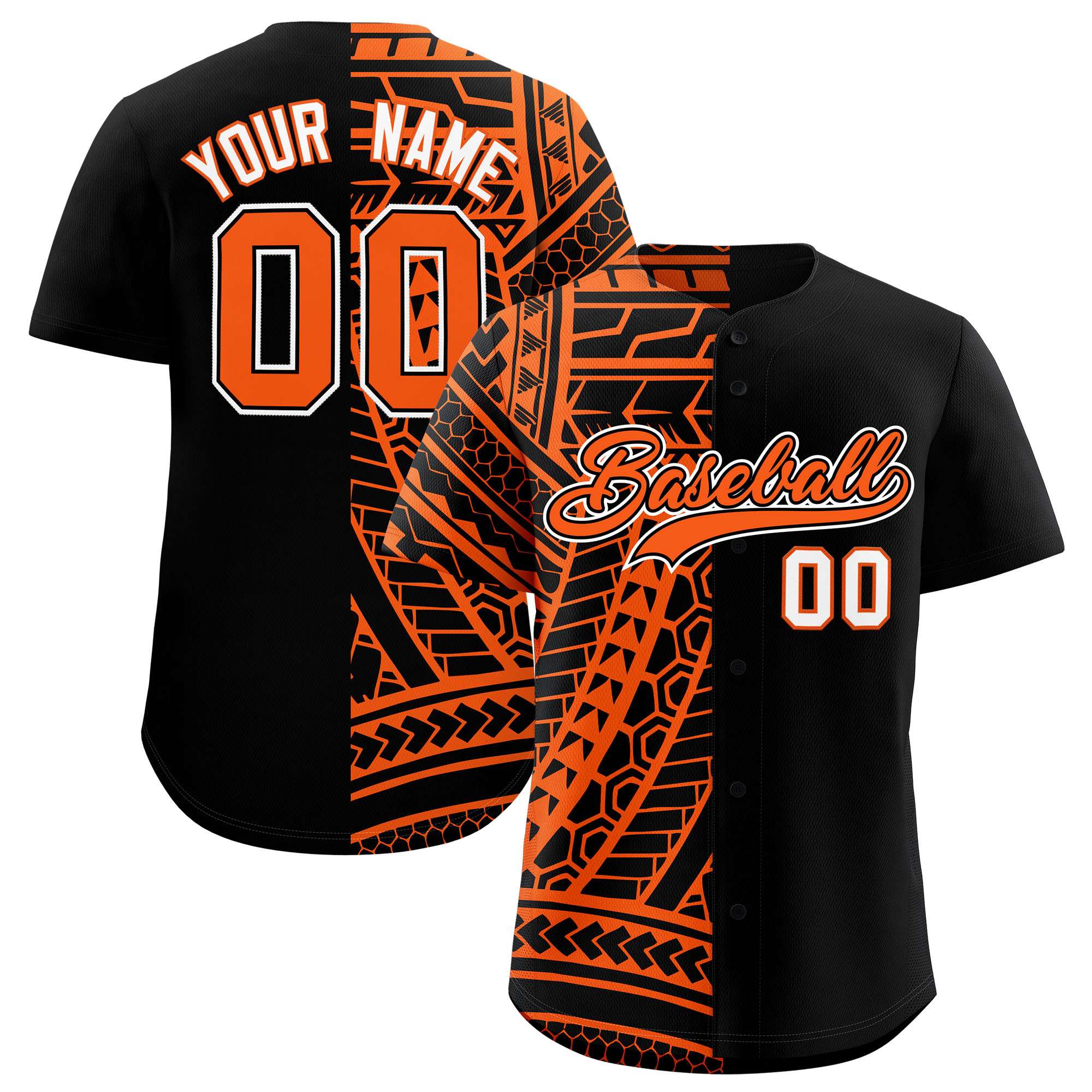 Custom Black Orange Split Fashion Tribal Pattern Authentic Baseball Jersey