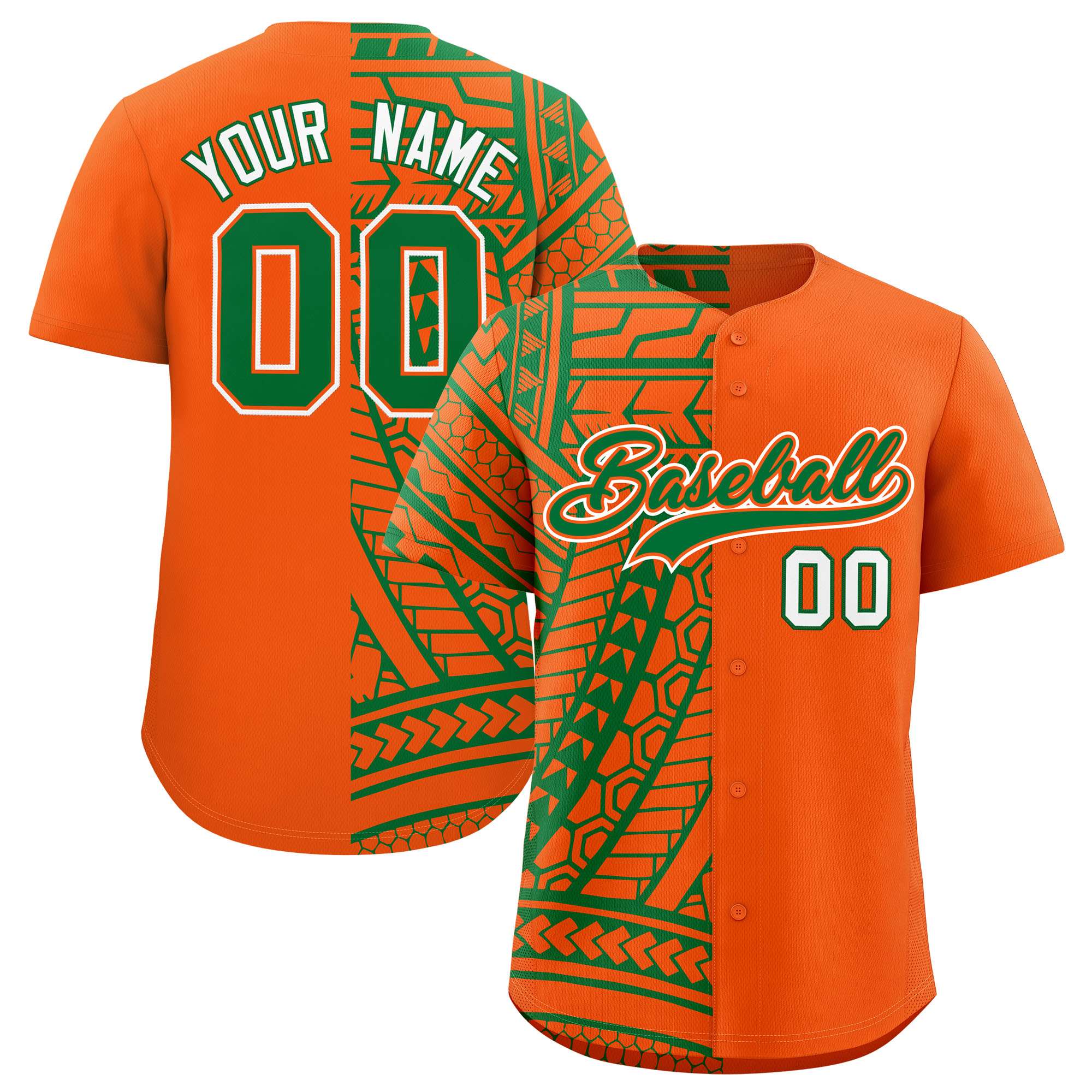 Custom Orange Kelly Green Split Fashion Tribal Pattern Authentic Baseball Jersey