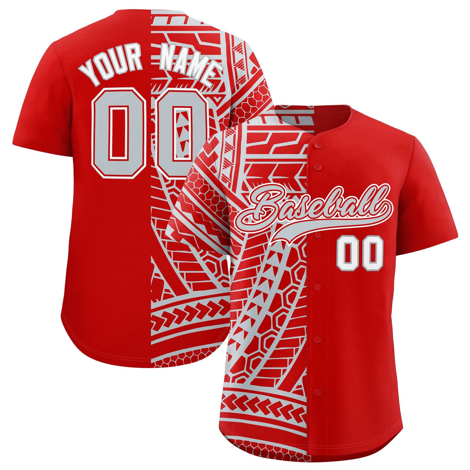 Custom Red Silver Split Fashion Tribal Pattern Authentic Baseball Jersey
