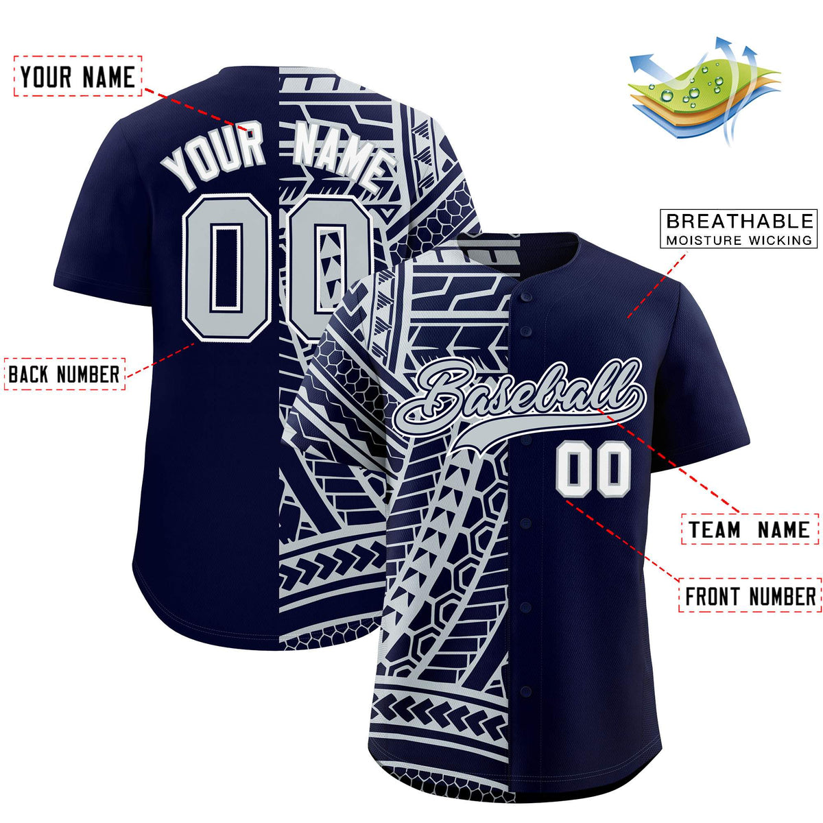 Custom Navy Silver Split Fashion Tribal Pattern Authentic Baseball Jersey