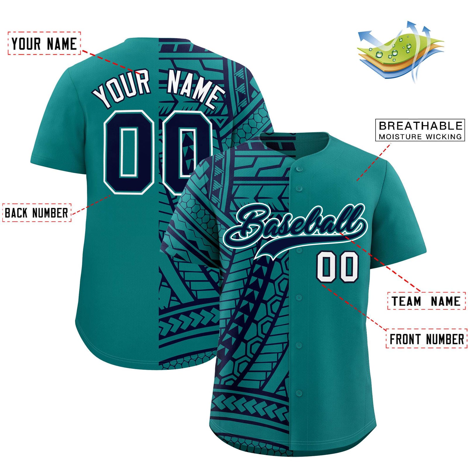 Custom Aqua Navy Split Fashion Tribal Pattern Authentic Baseball Jersey