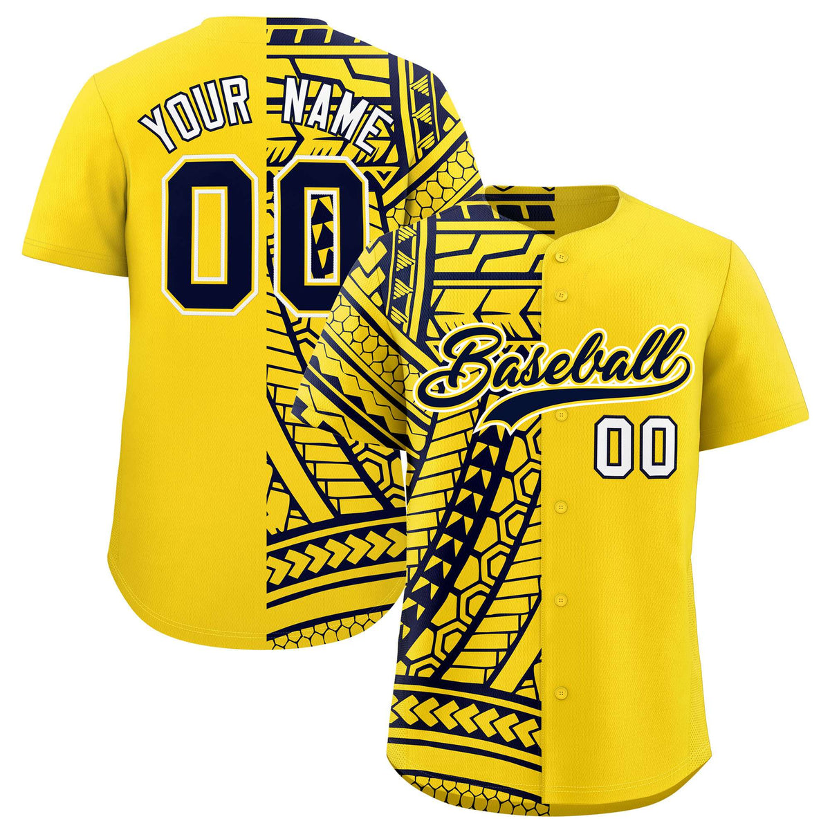 Custom Gold Navy Split Fashion Tribal Pattern Authentic Baseball Jersey