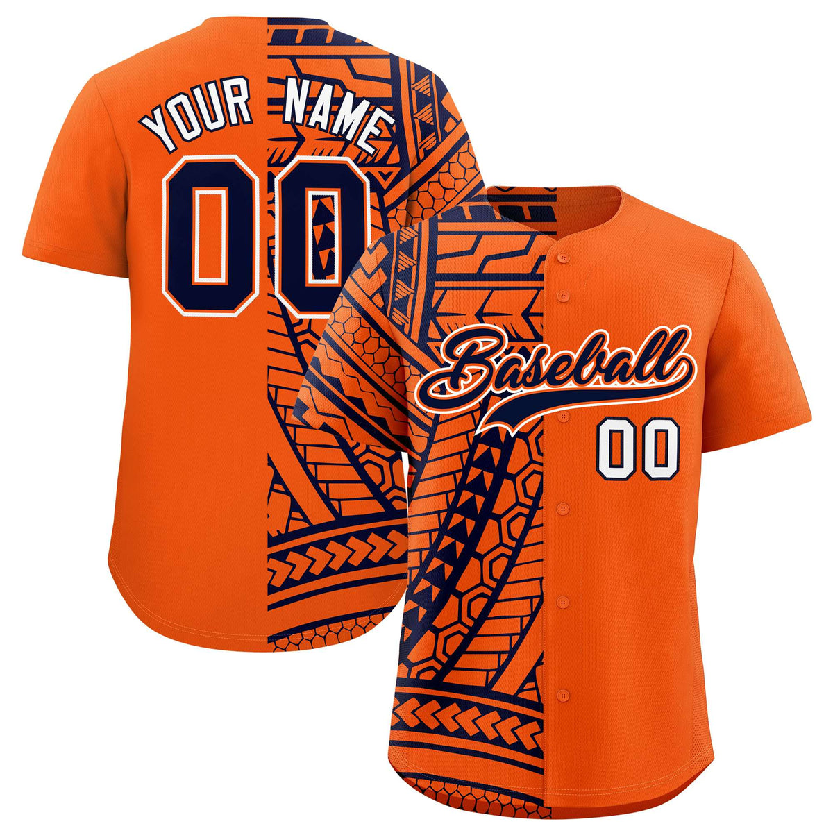 Custom Orange Navy Split Fashion Tribal Pattern Authentic Baseball Jersey
