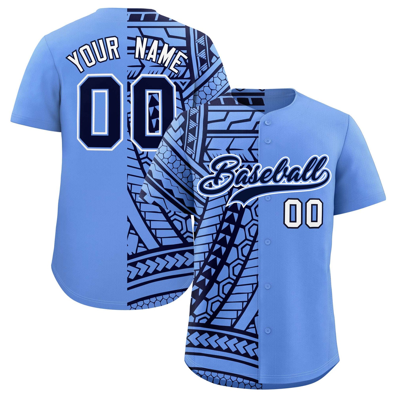 Custom Light Blue Navy Split Fashion Tribal Pattern Authentic Baseball Jersey