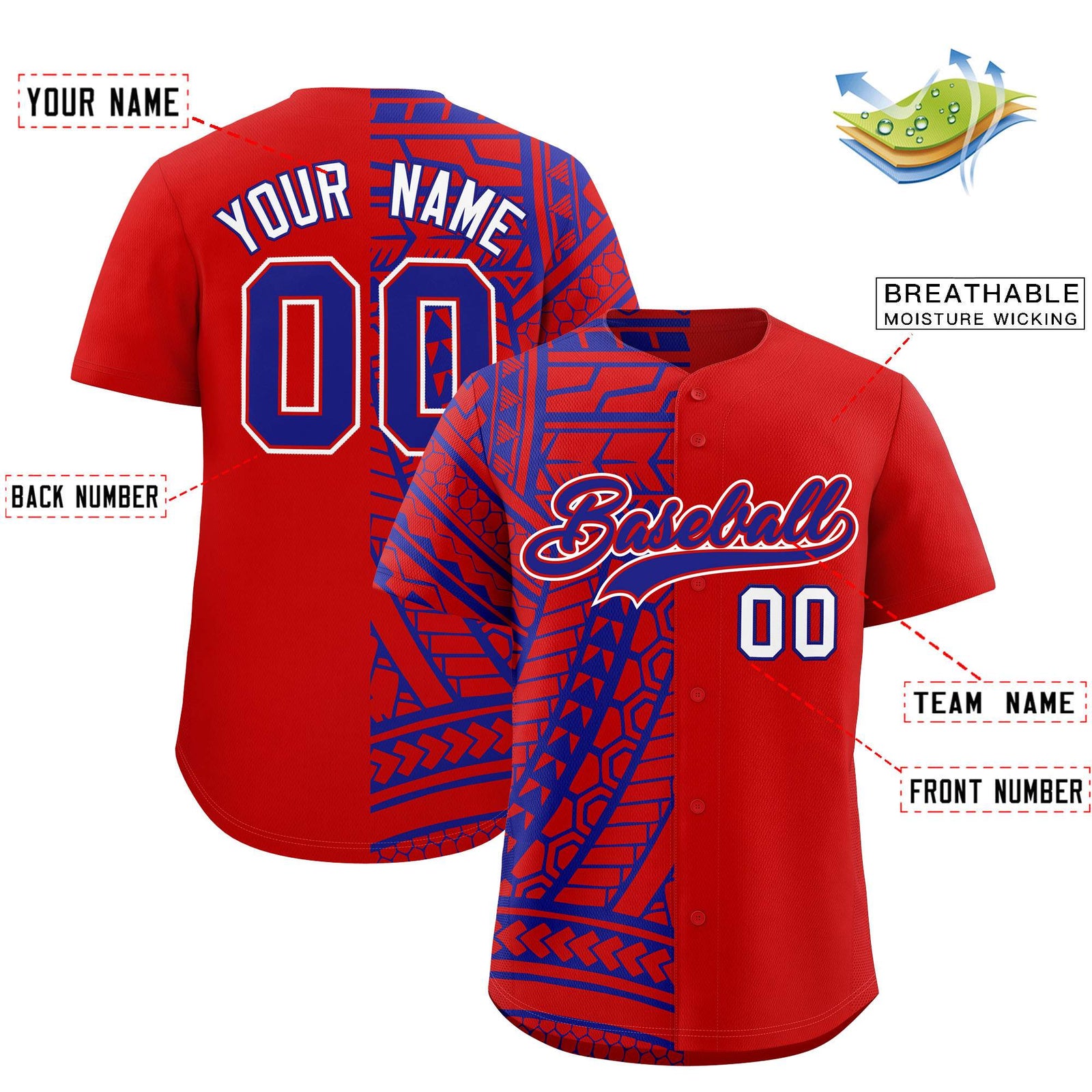 Custom Red Royal Split Fashion Tribal Pattern Authentic Baseball Jersey