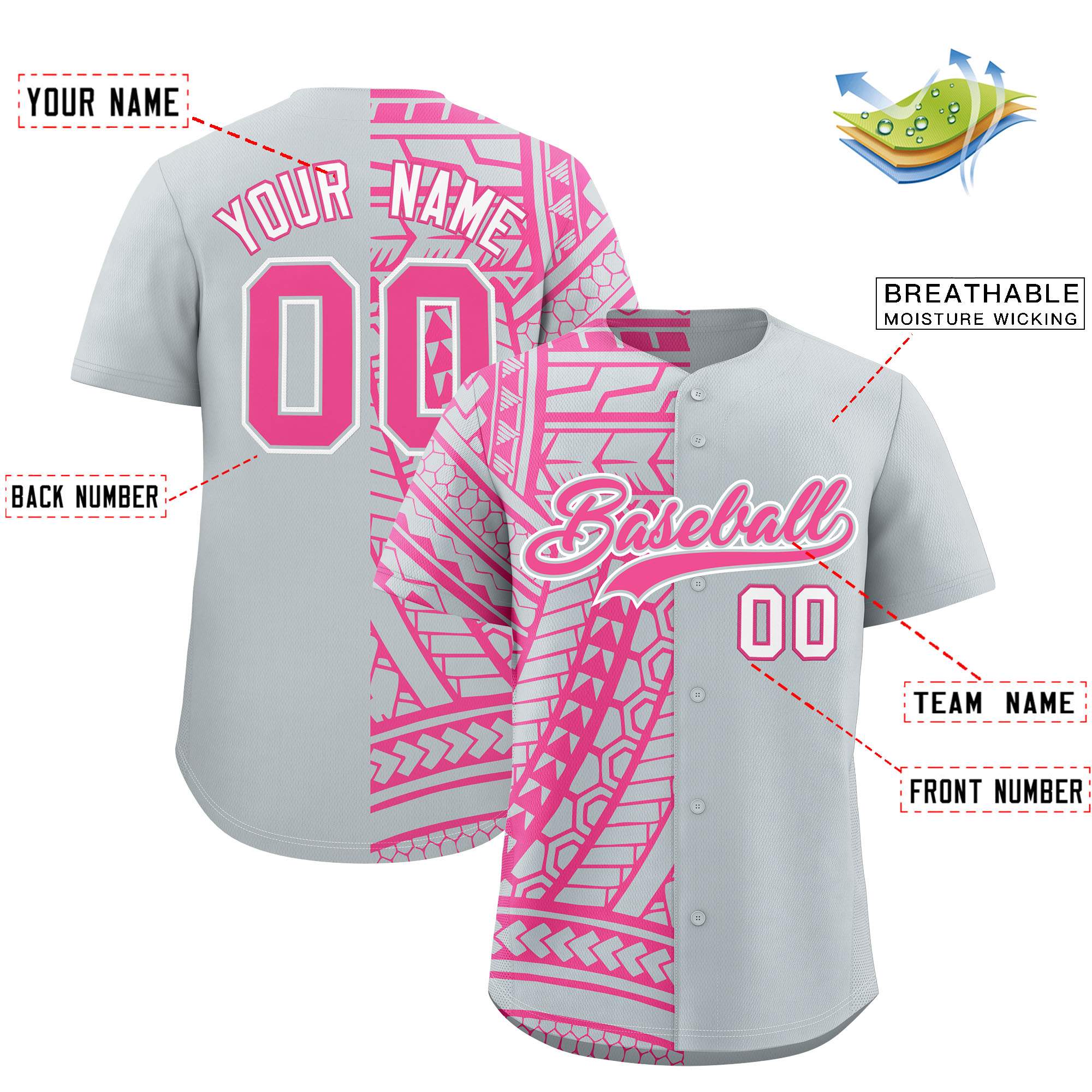 Custom Silver Pink Split Fashion Tribal Pattern Authentic Baseball Jersey