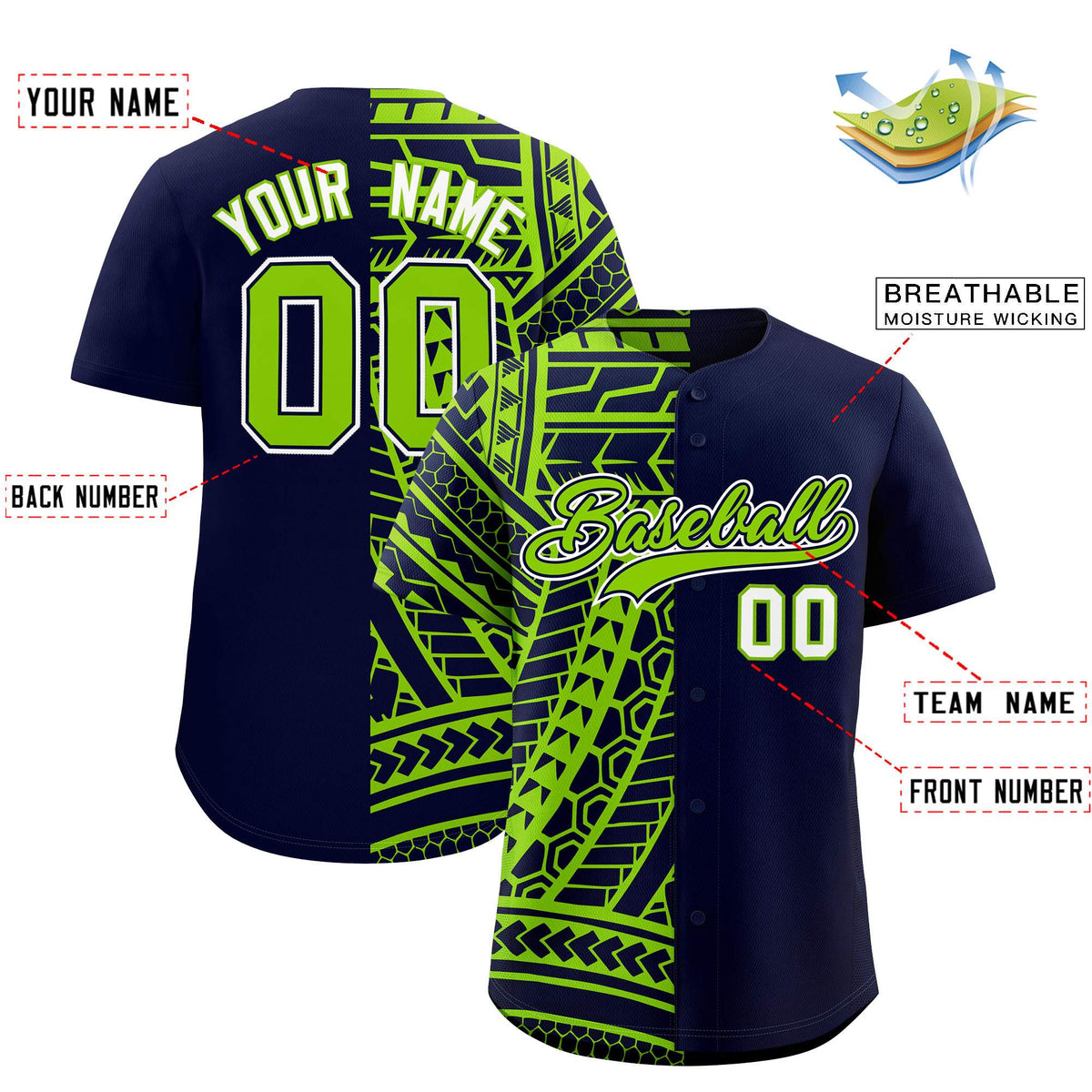 Custom Navy Neon Green Split Fashion Tribal Pattern Authentic Baseball Jersey