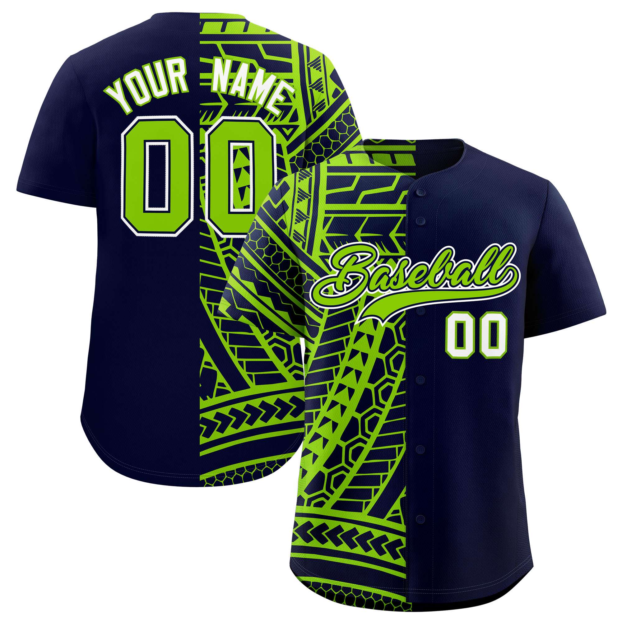 Custom Navy Neon Green Split Fashion Tribal Pattern Authentic Baseball Jersey
